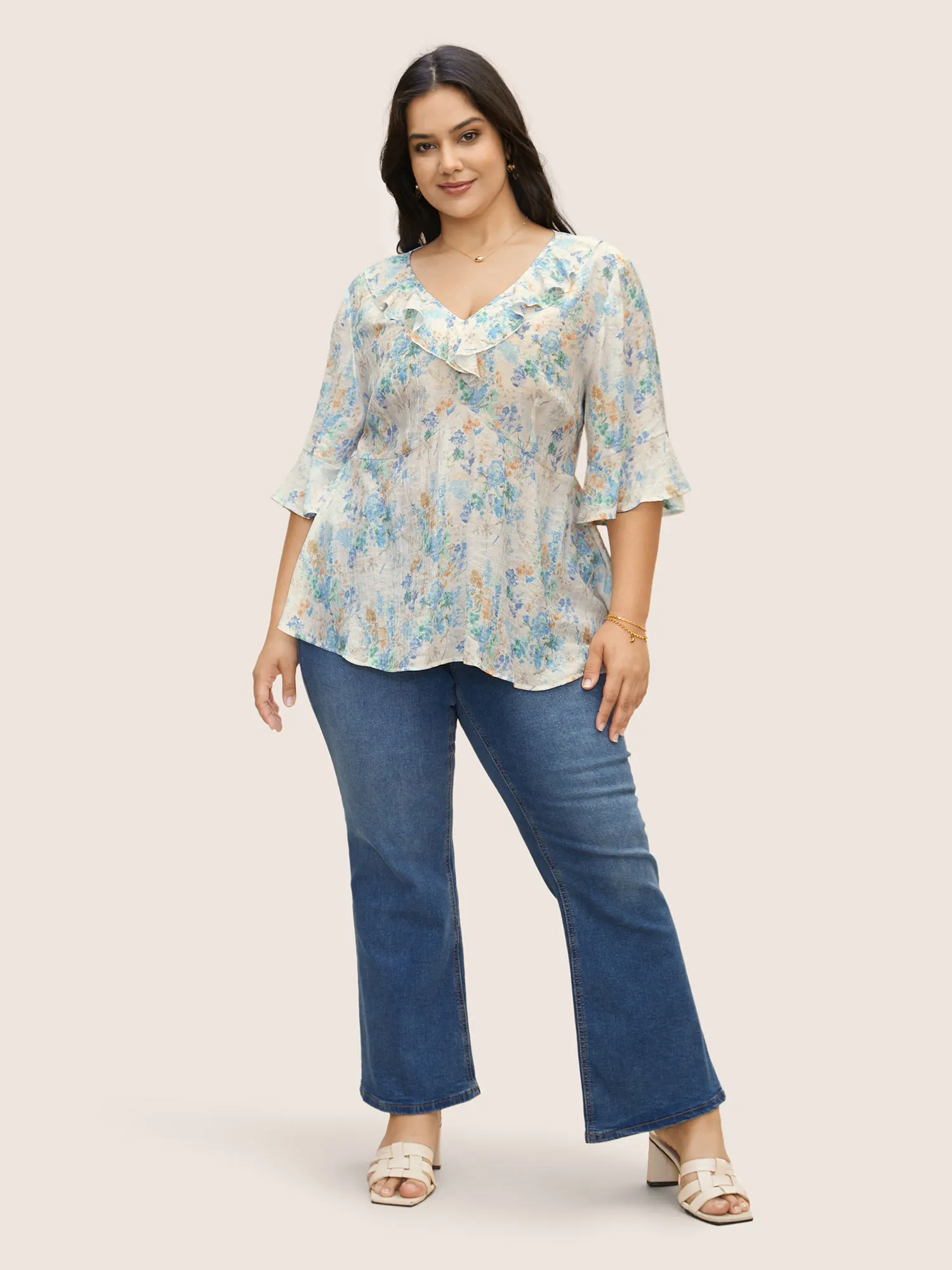 Floral Bell Sleeve Ruffle Trim Blouse sold by Bloomchic product image thumbnail 2