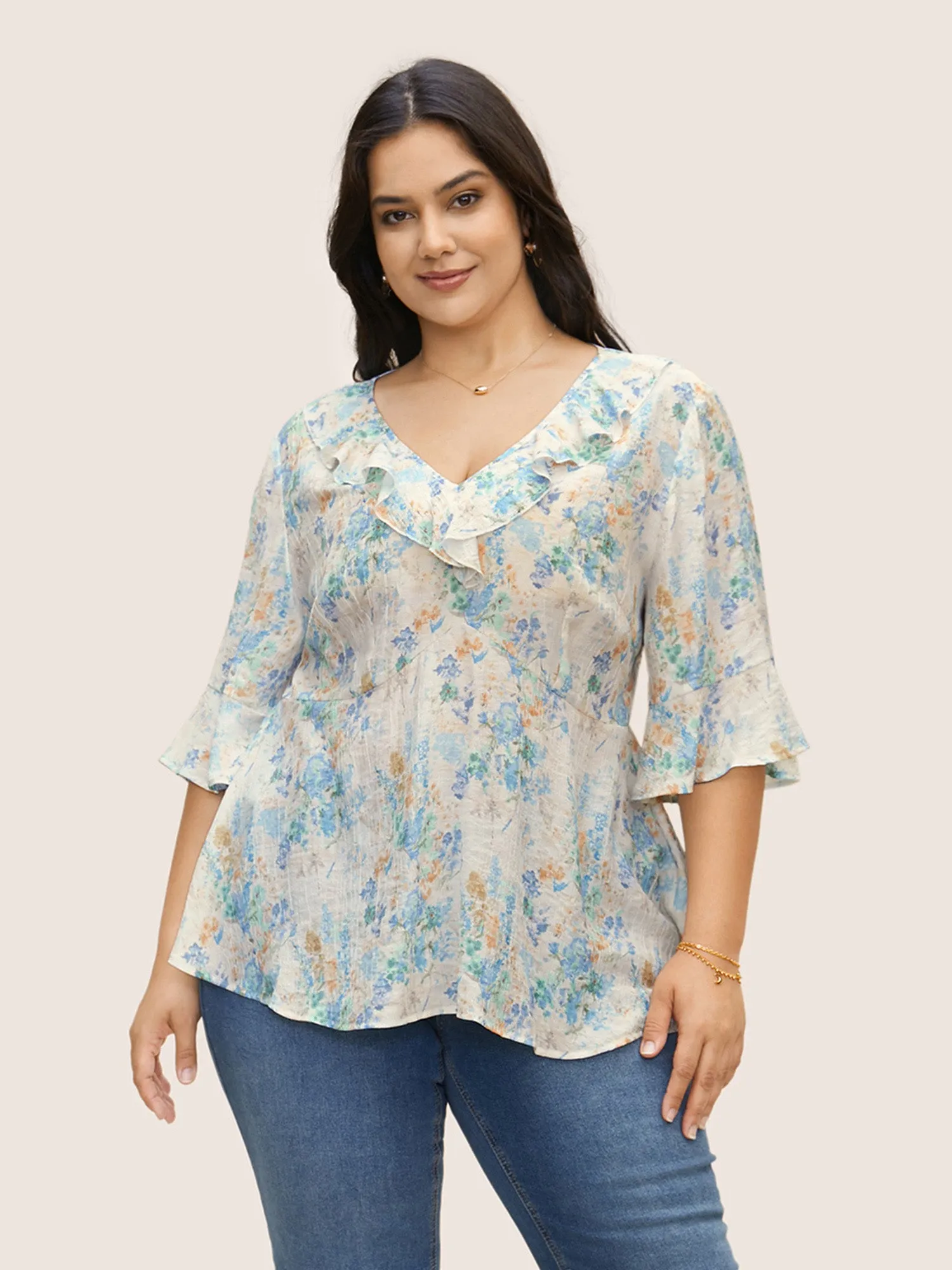 Floral Bell Sleeve Ruffle Trim Blouse sold by Bloomchic product image thumbnail 3
