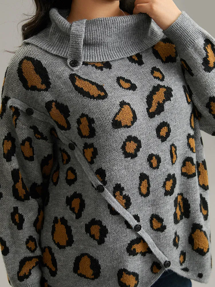 Anti-Pilling Leopard PrintLapel Collar Button Detail Pullover sold by Bloomchic product image thumbnail 5