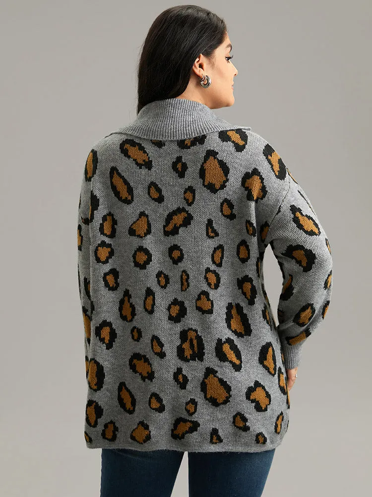 Anti-Pilling Leopard PrintLapel Collar Button Detail Pullover sold by Bloomchic product image thumbnail 2