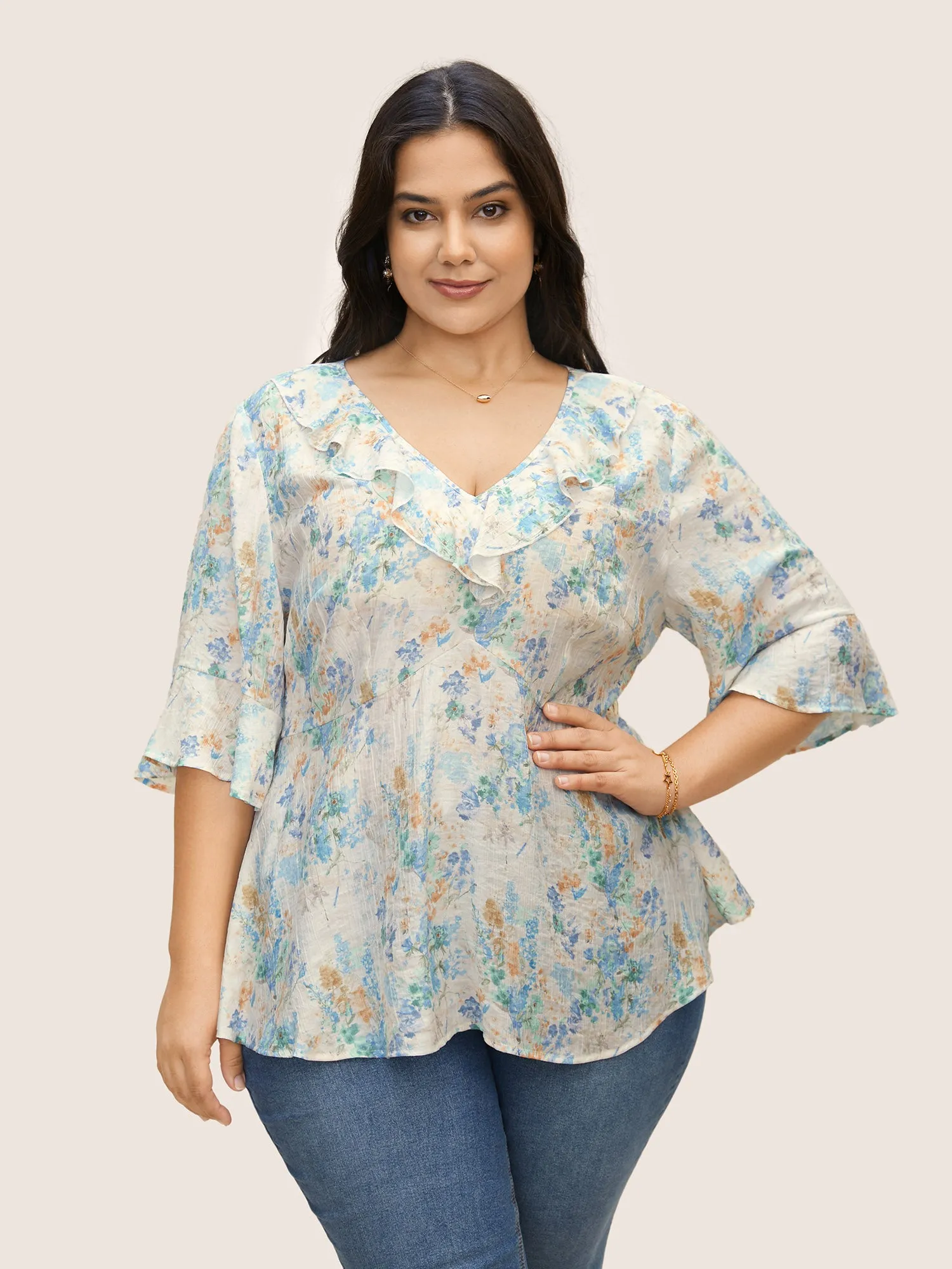 Floral Bell Sleeve Ruffle Trim Blouse sold by Bloomchic