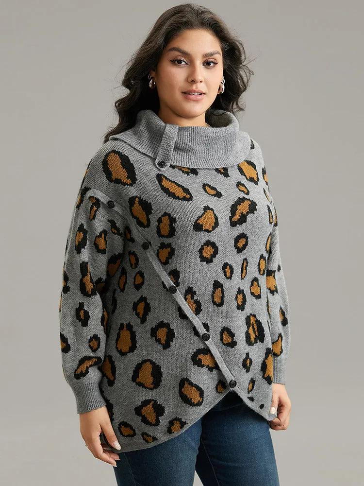 Anti-Pilling Leopard PrintLapel Collar Button Detail Pullover sold by Bloomchic product image thumbnail 3