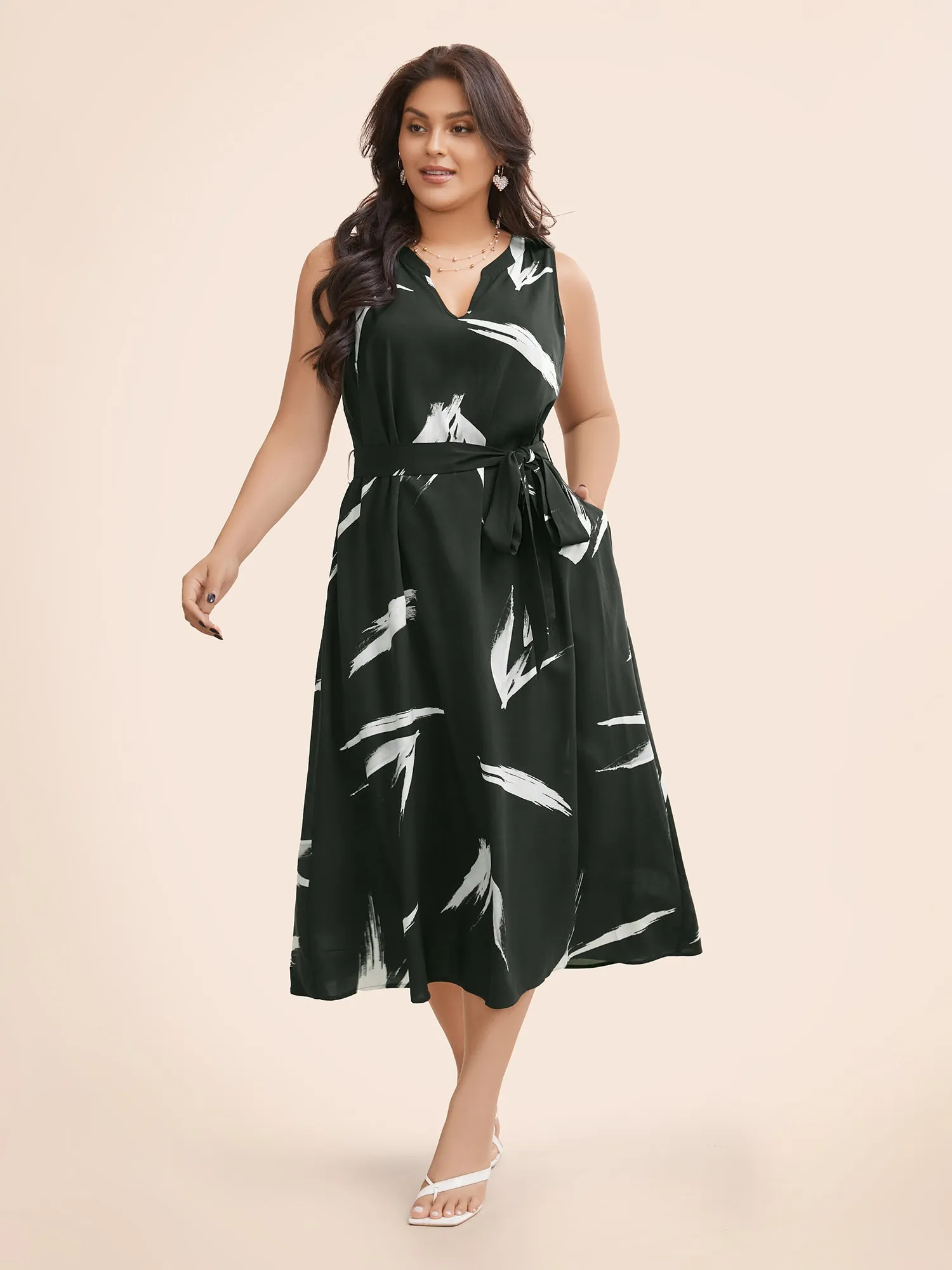 Brush Print Notched Belted Tank Dress sold by Bloomchic