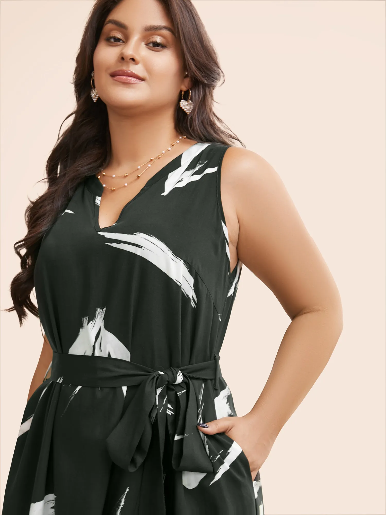 Brush Print Notched Belted Tank Dress sold by Bloomchic product image thumbnail 2