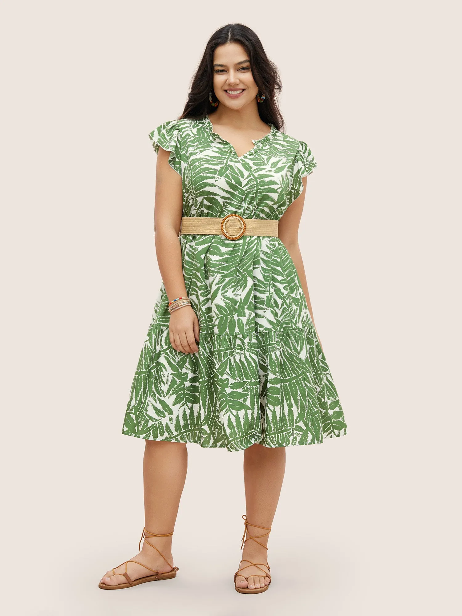 Tropical Print Ruffle Cap Sleeve Patchwork Ruffles Dress sold by Bloomchic product image thumbnail 2