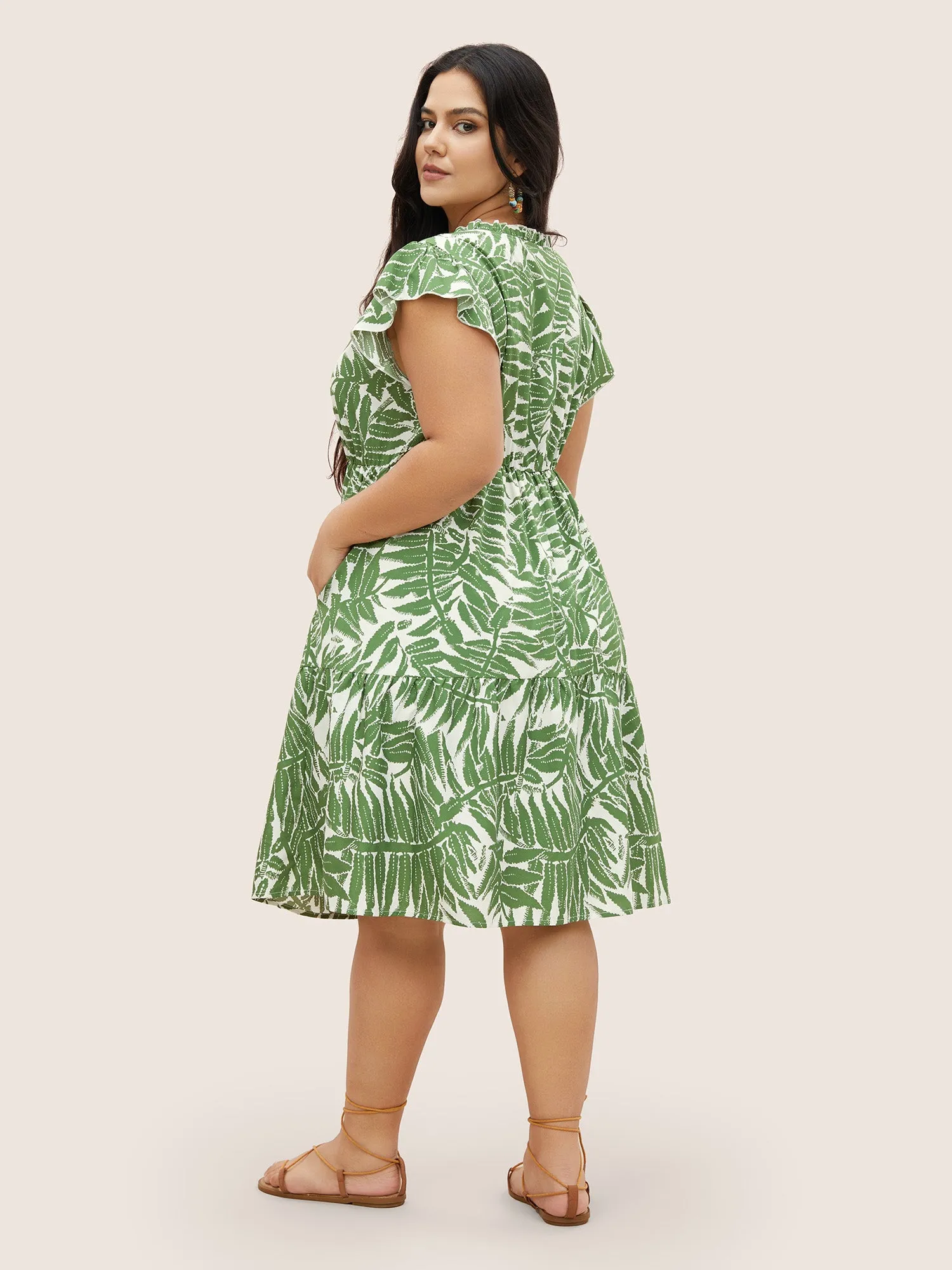 Tropical Print Ruffle Cap Sleeve Patchwork Ruffles Dress sold by Bloomchic product image thumbnail 3