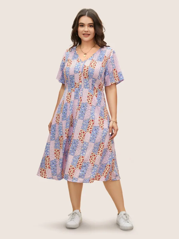 Patchwork Floral Button Detail Pocket Dress sold by Bloomchic