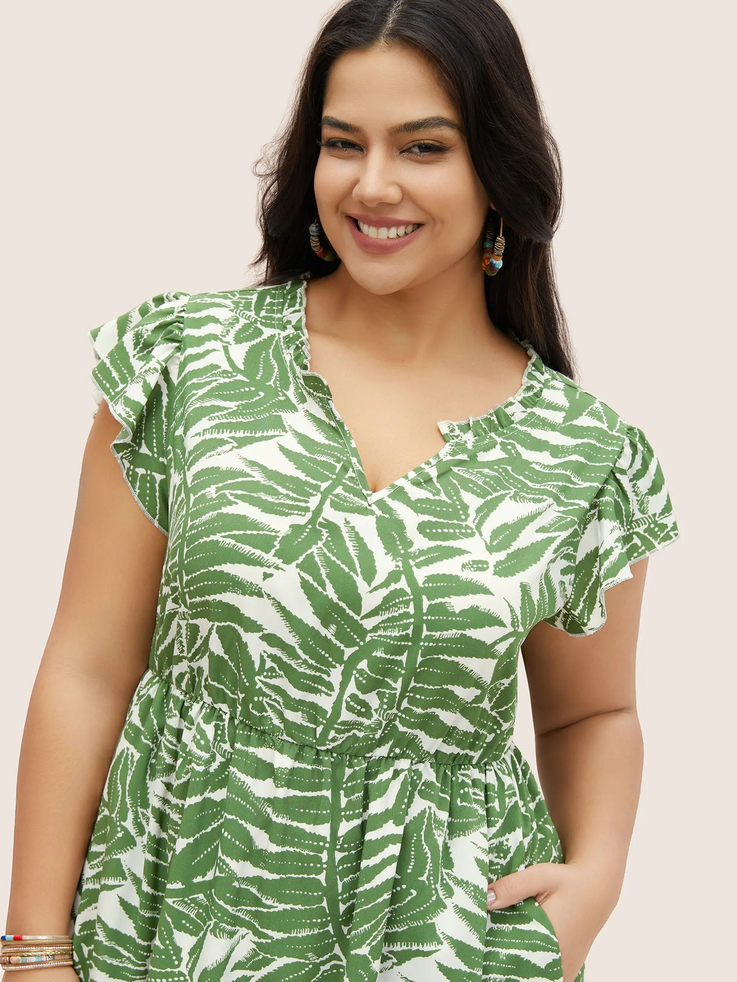 Tropical Print Ruffle Cap Sleeve Patchwork Ruffles Dress sold by Bloomchic product image thumbnail 4