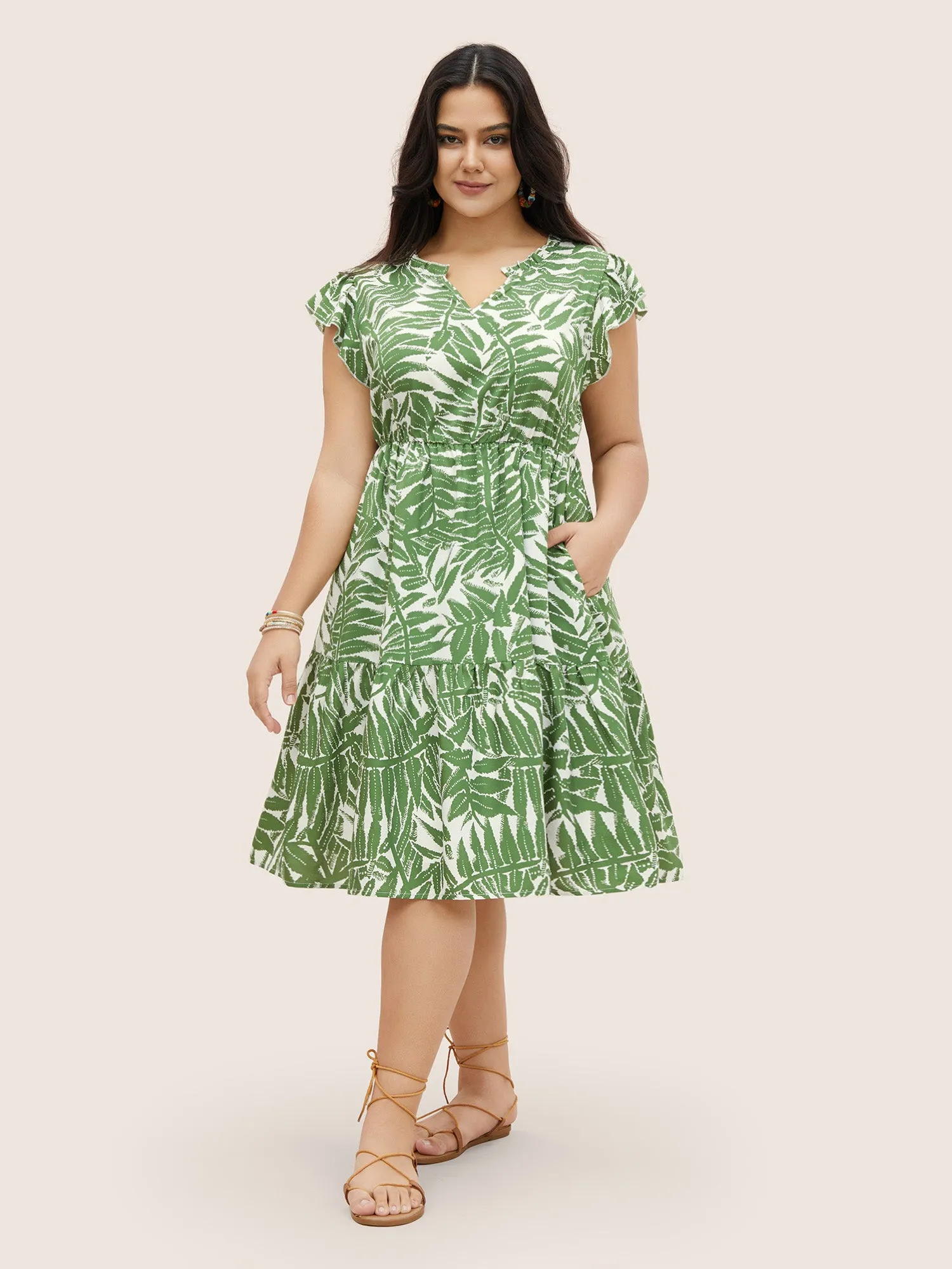 Tropical Print Ruffle Cap Sleeve Patchwork Ruffles Dress sold by Bloomchic