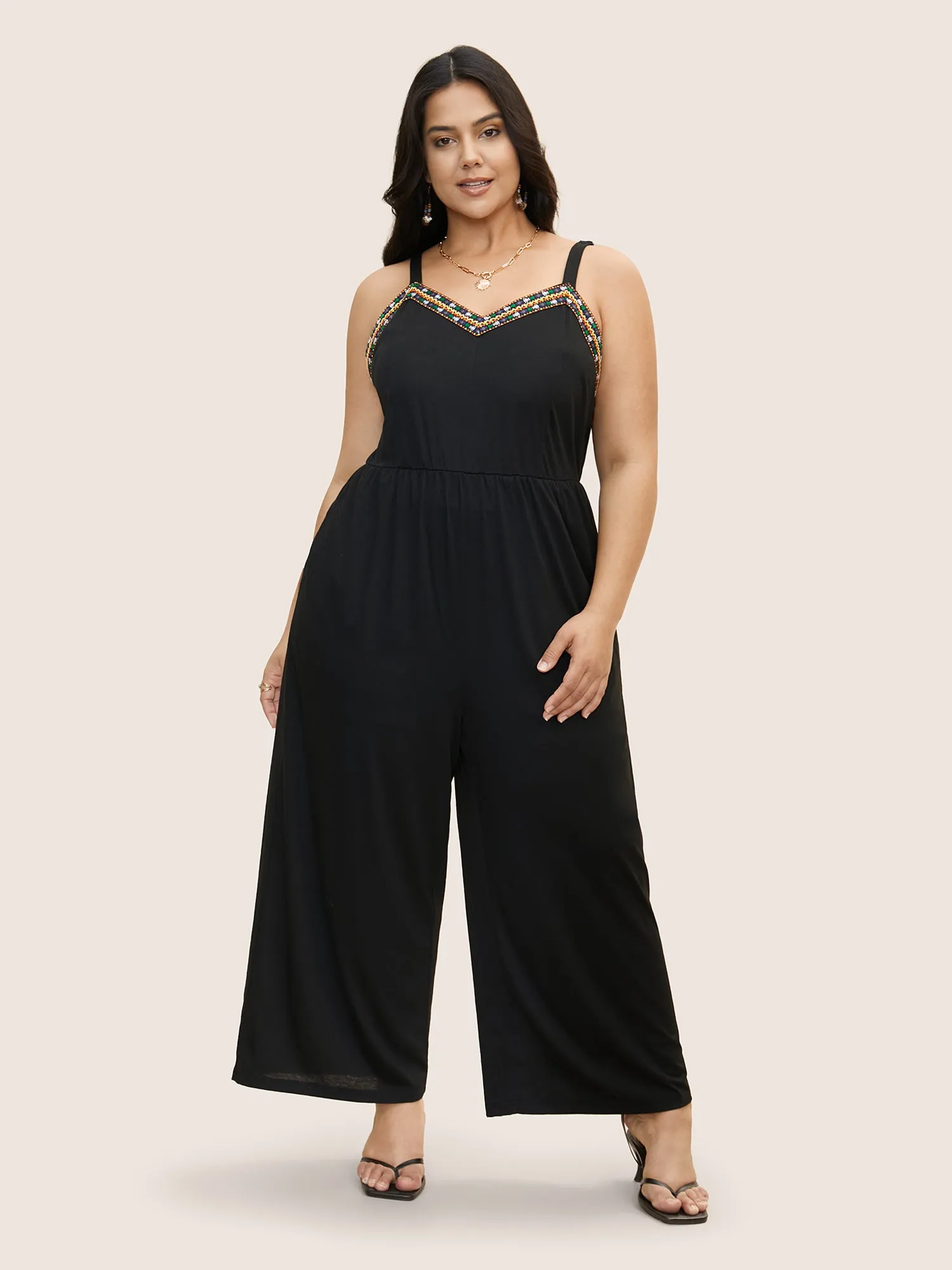 V Neck Woven Ribbon Pocket Jumpsuit sold by Bloomchic