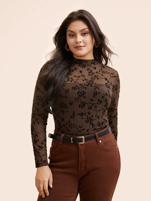 Floral Flocking Mesh Mock Neck T-shirt sold by Bloomchic