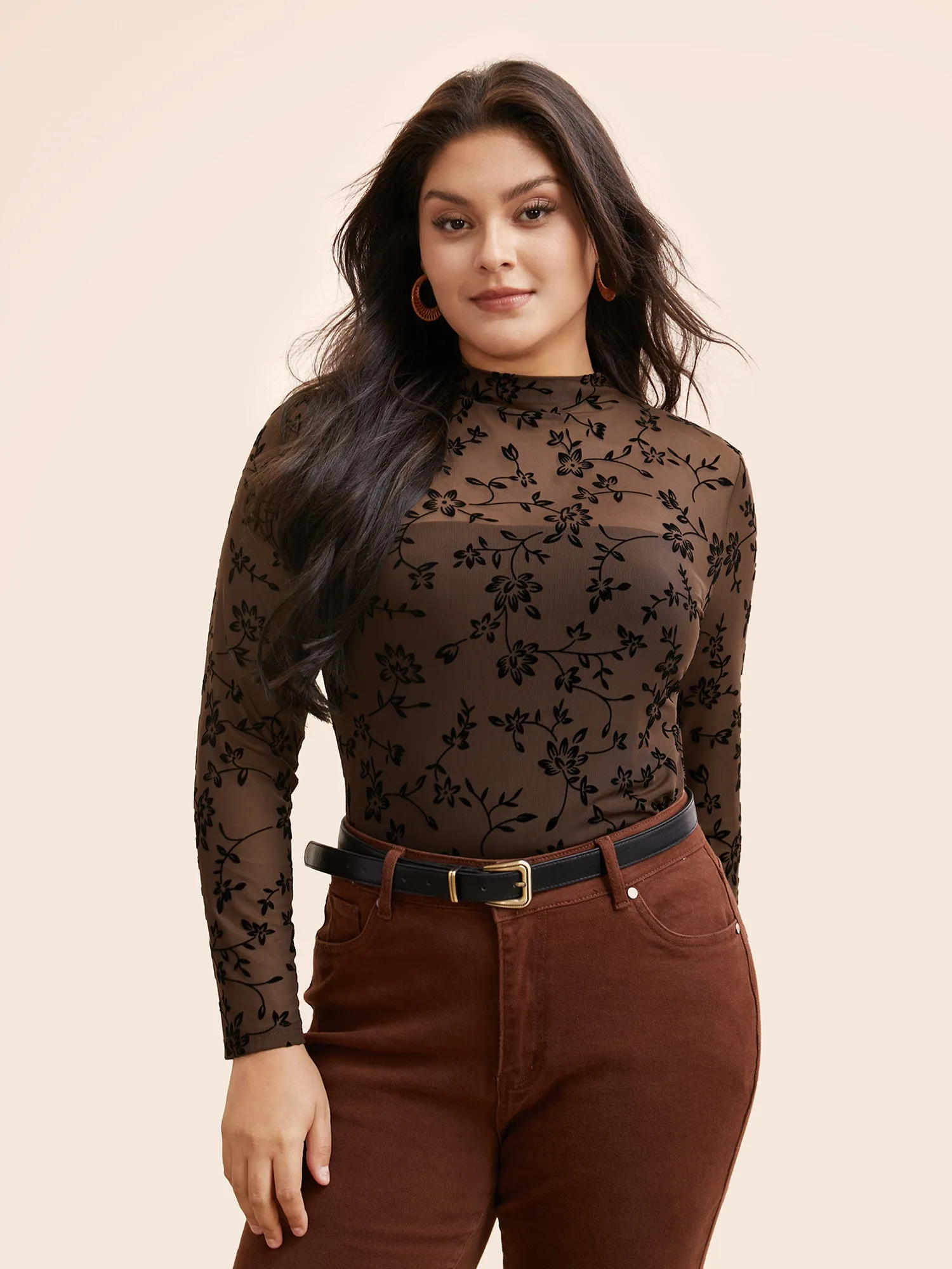 Floral Flocking Mesh Mock Neck T-shirt sold by Bloomchic