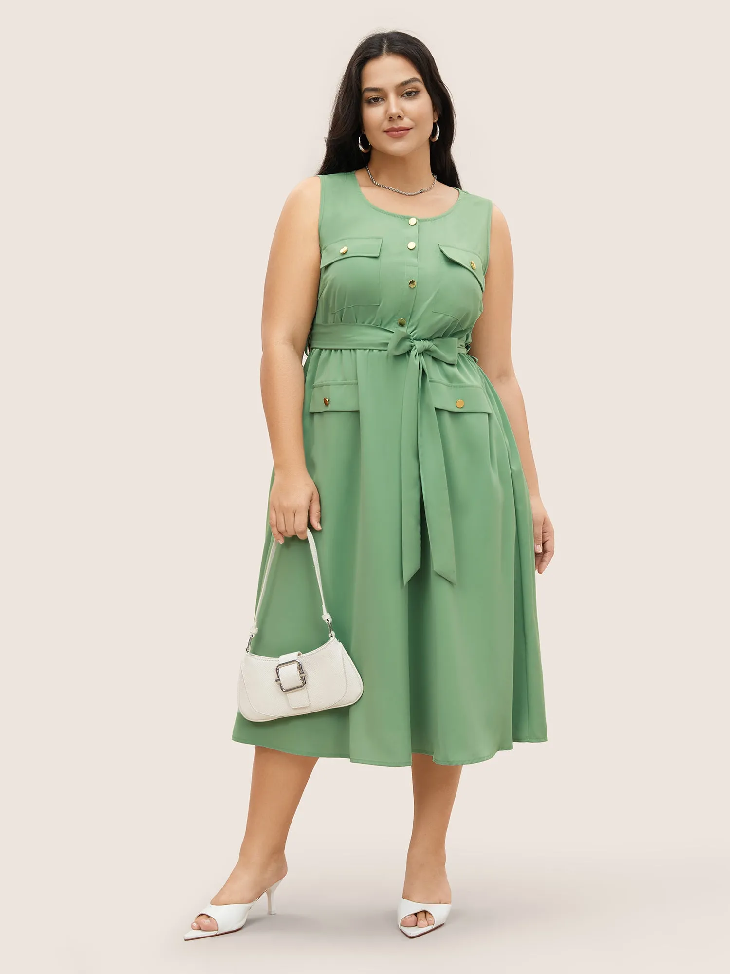 Solid Metal Detail Flap Pocket Sleeveless Dress sold by Bloomchic product image thumbnail 2