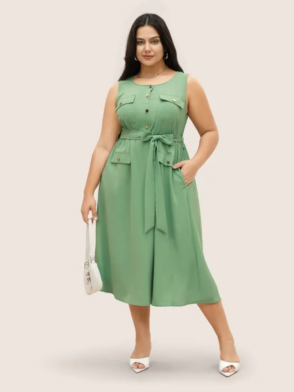 Solid Metal Detail Flap Pocket Sleeveless Dress sold by Bloomchic