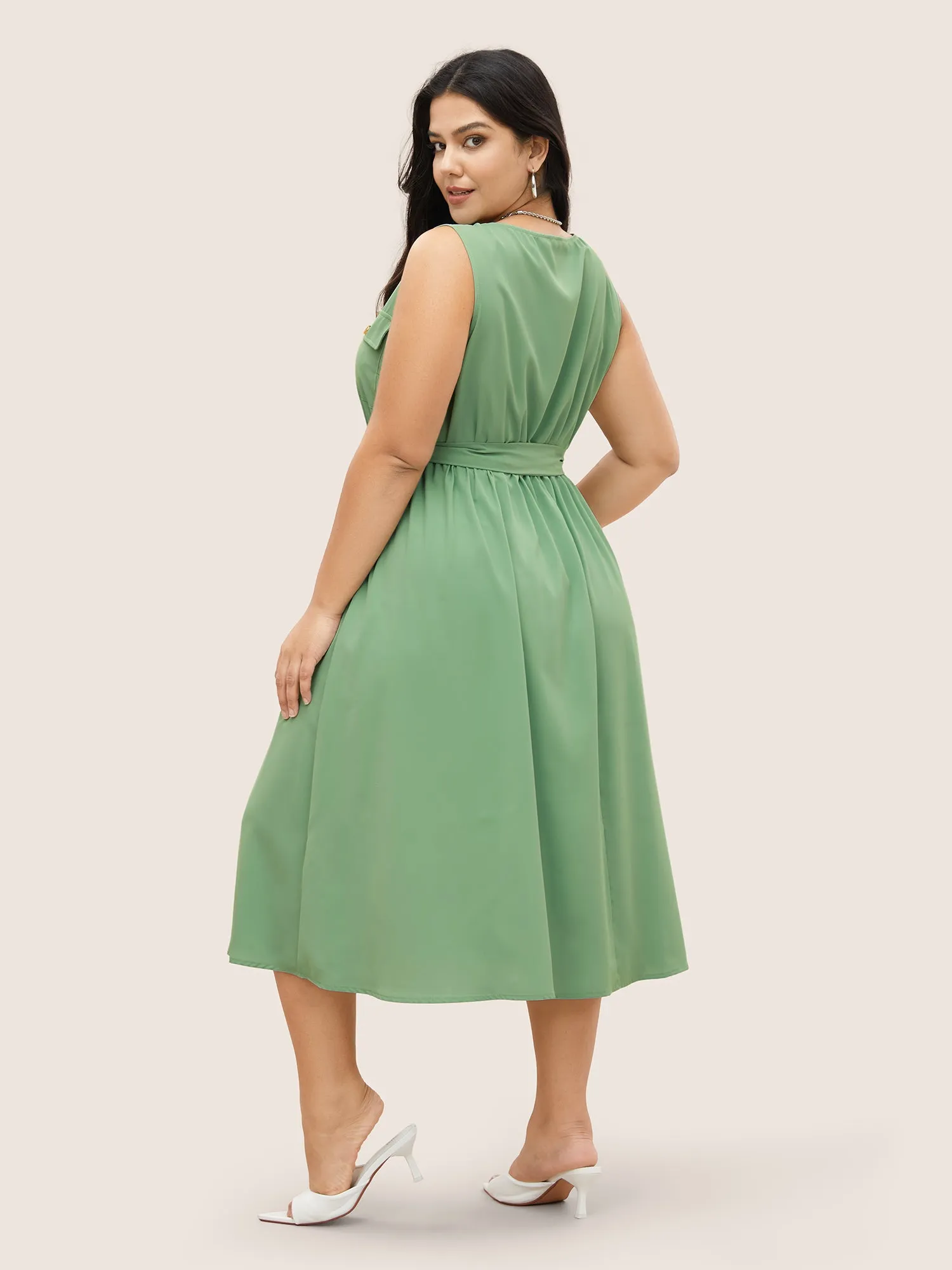 Solid Metal Detail Flap Pocket Sleeveless Dress sold by Bloomchic product image thumbnail 3