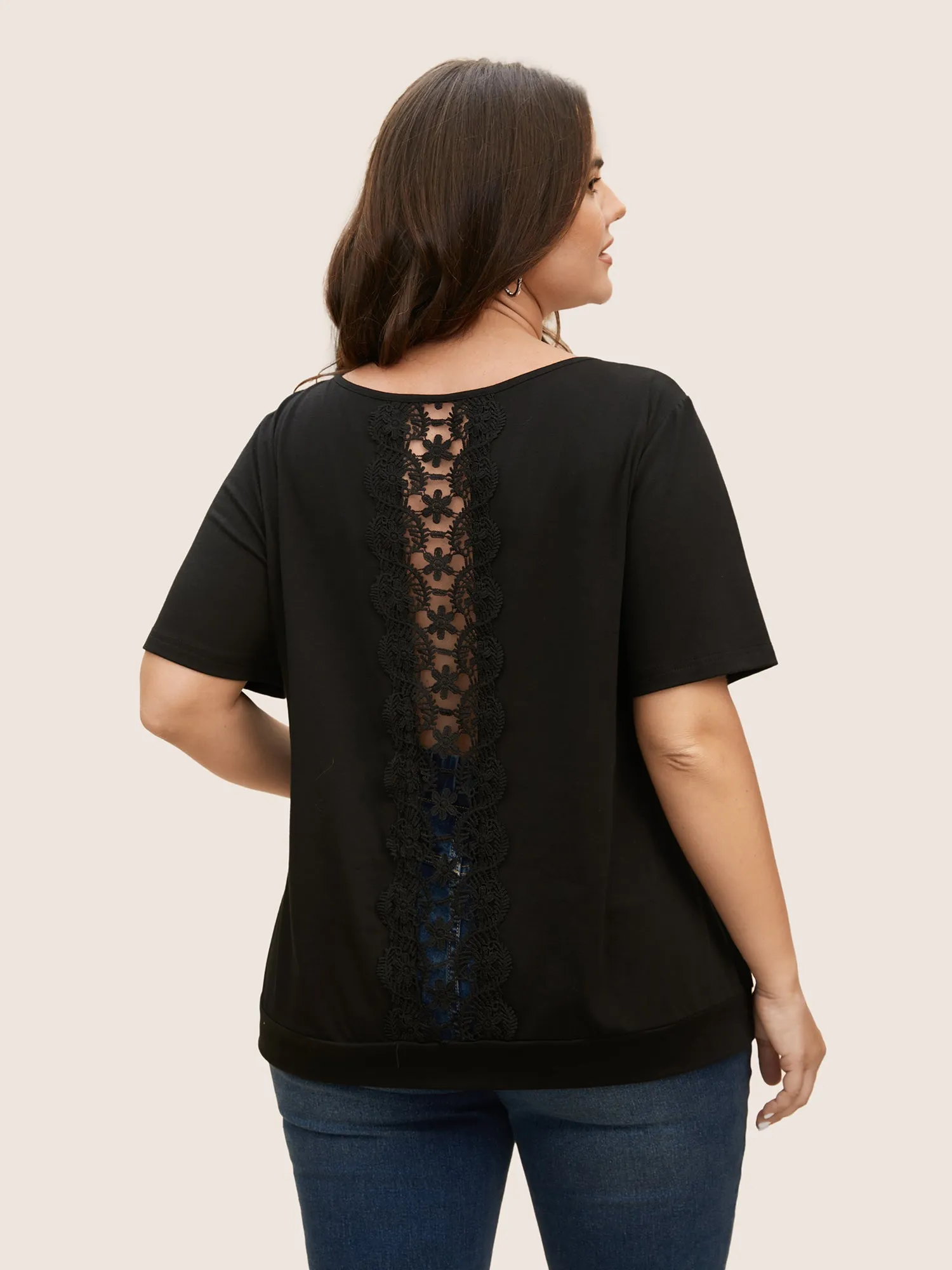 Solid Round Neck Lace Panel T-shirt sold by Bloomchic