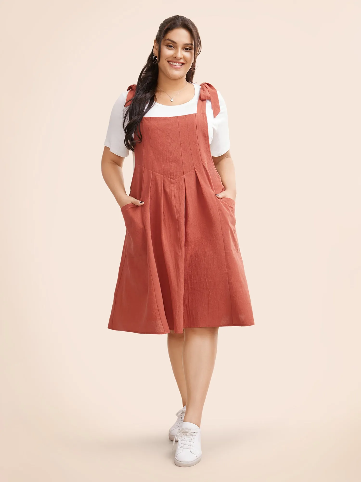 Solid Pleated Hem Pocket Tie Shoulder Overall Dress sold by Bloomchic product image thumbnail 3