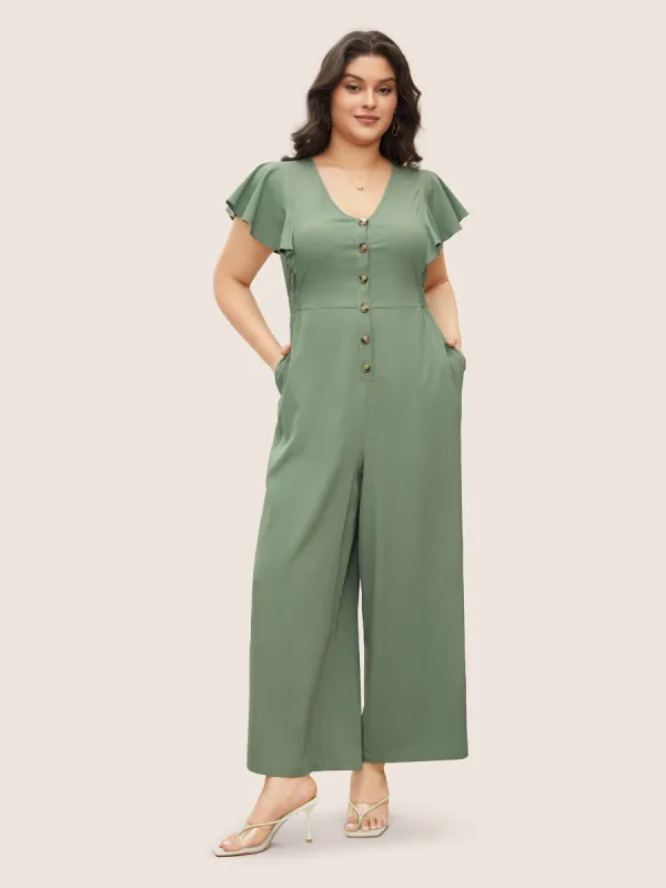 Solid Button Up Ruffle Cap Sleeve Jumpsuit sold by Bloomchic
