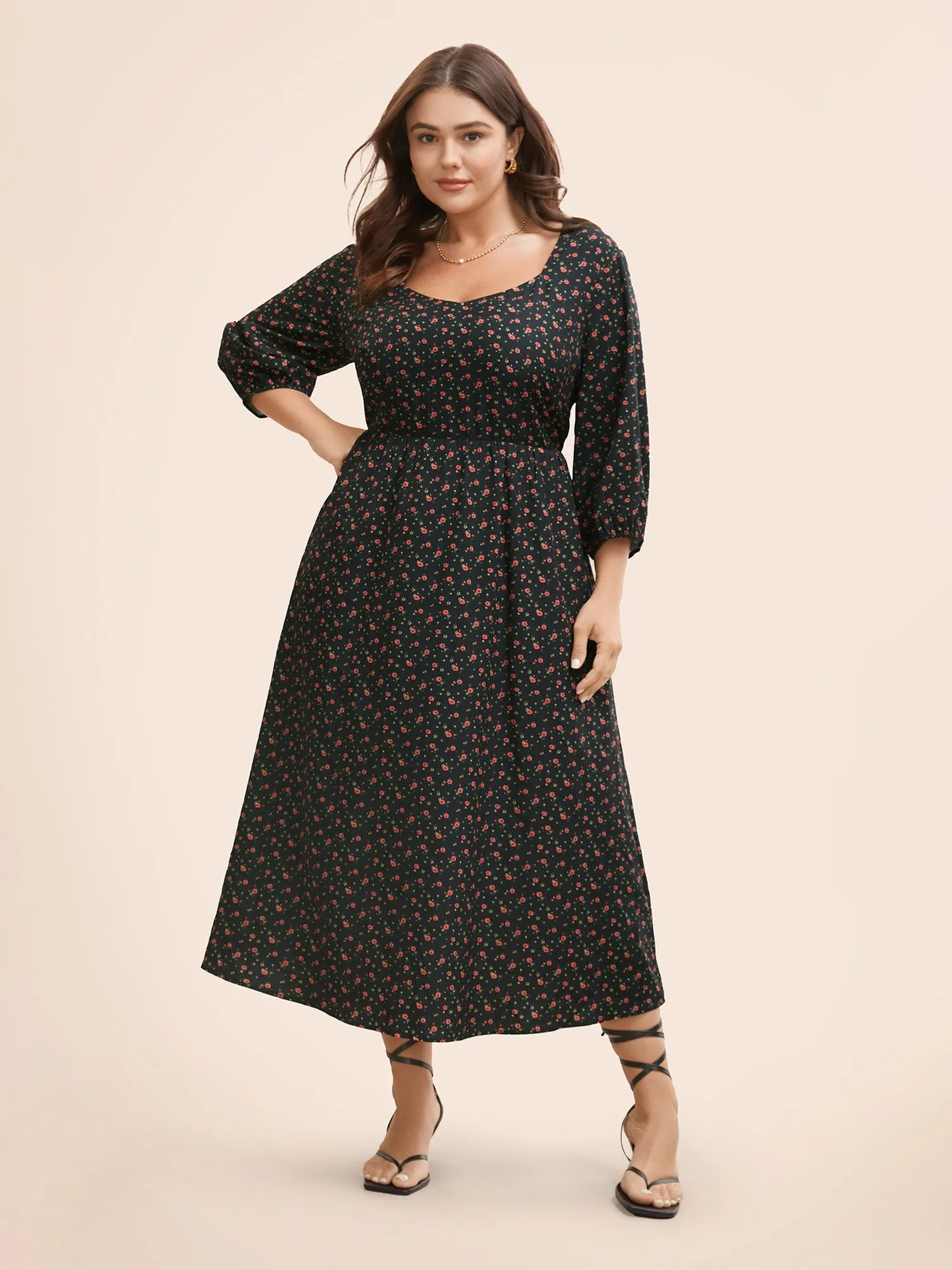 Ditsy Floral Heart Neckline Lantern Sleeve Dress sold by Bloomchic product image thumbnail 3