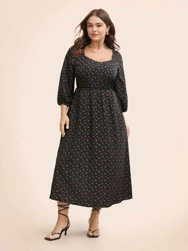 Ditsy Floral Heart Neckline Lantern Sleeve Dress sold by Bloomchic