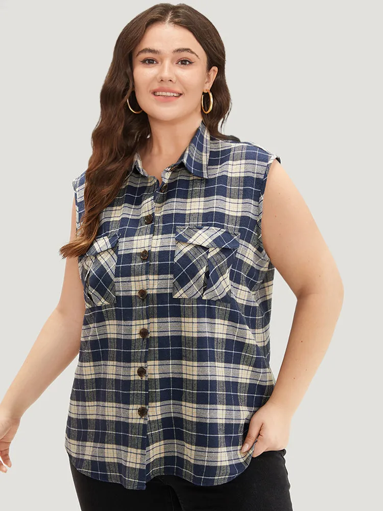 Plaid Flap Pocket Button Up Sleeveless Jacket sold by Bloomchic
