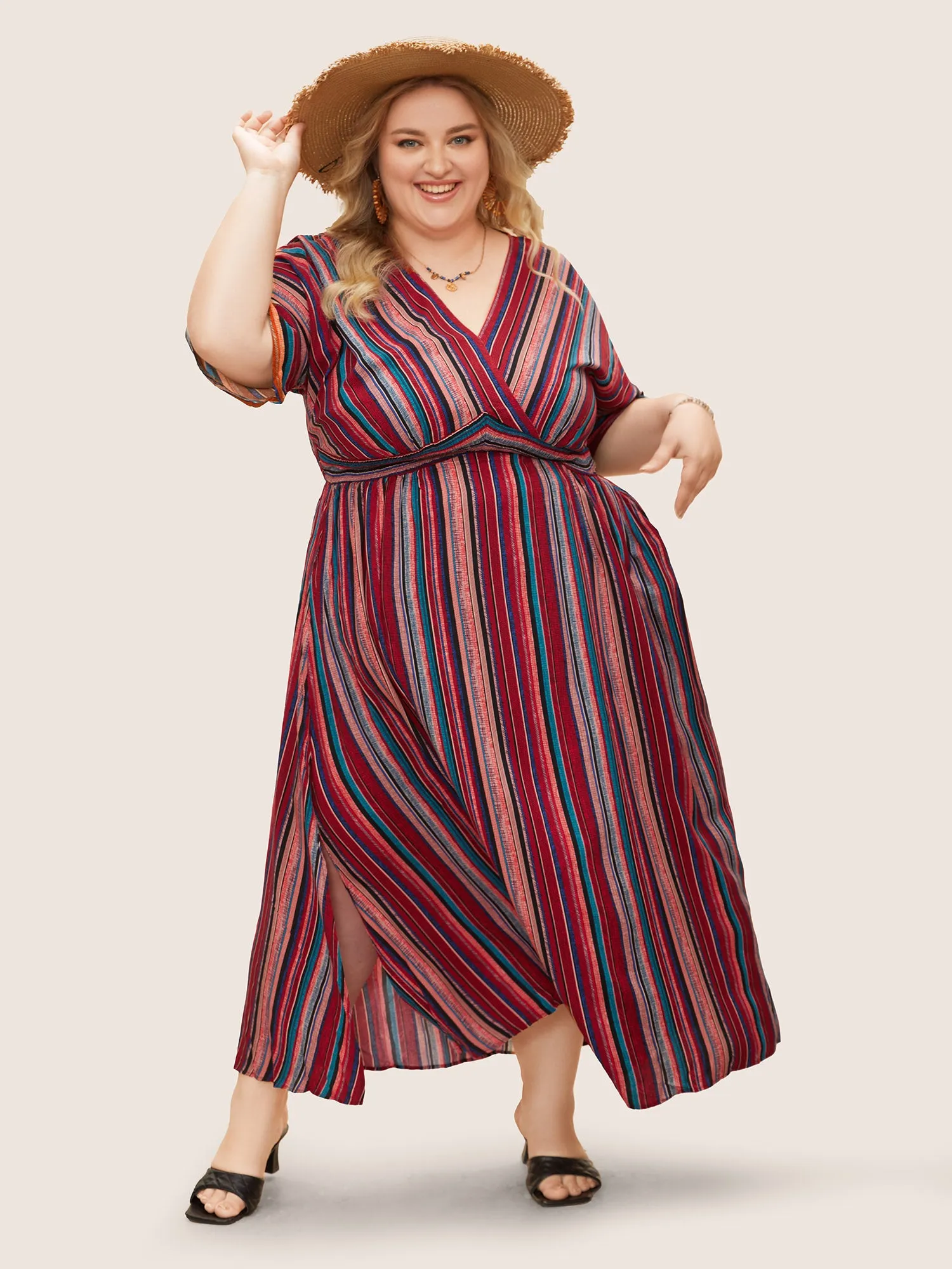 Striped Contrast Dolman Sleeve Shirred Pocket Split Flutter Dress sold by Bloomchic product image thumbnail 5