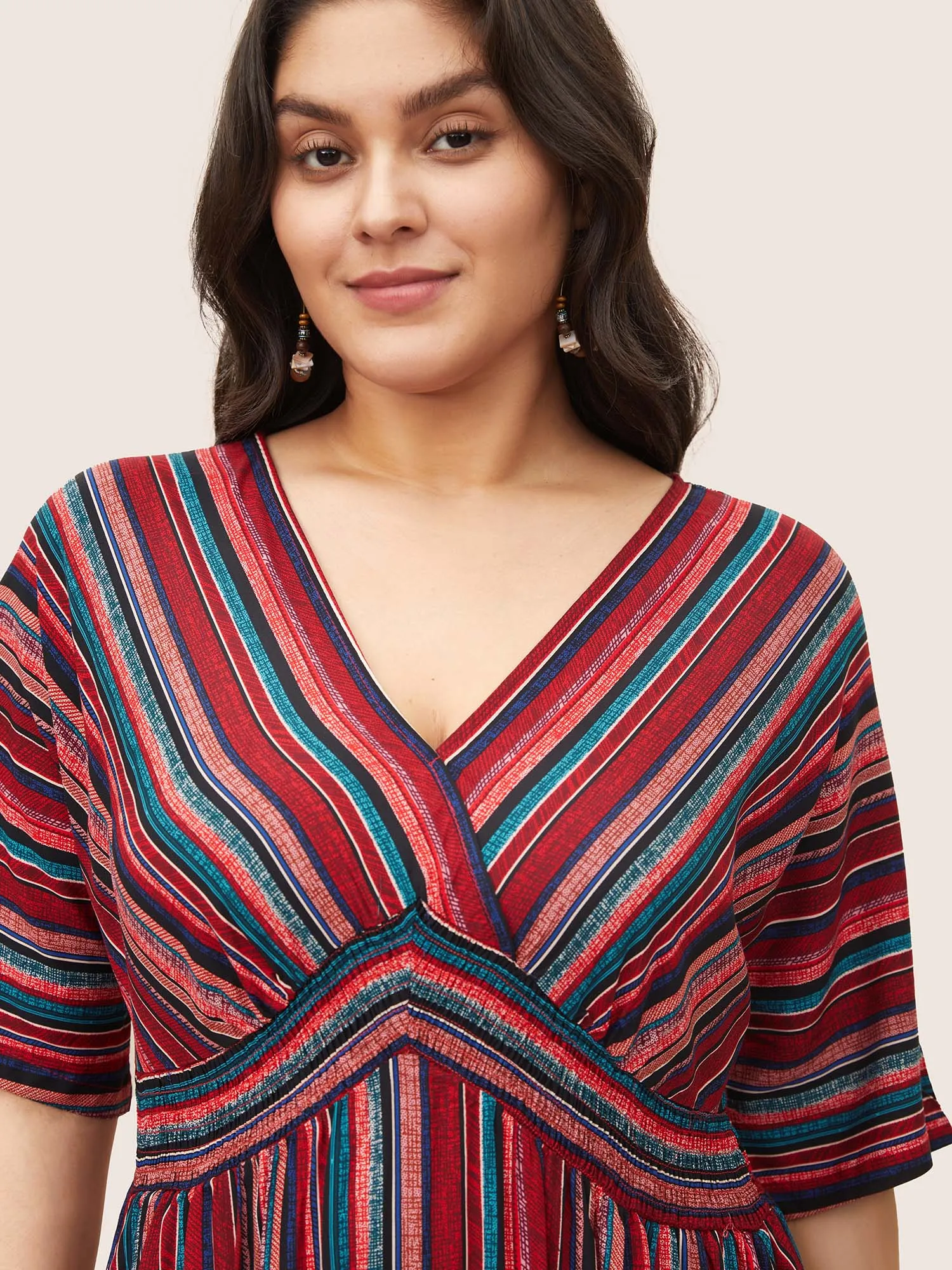 Striped Contrast Dolman Sleeve Shirred Pocket Split Flutter Dress sold by Bloomchic product image thumbnail 4