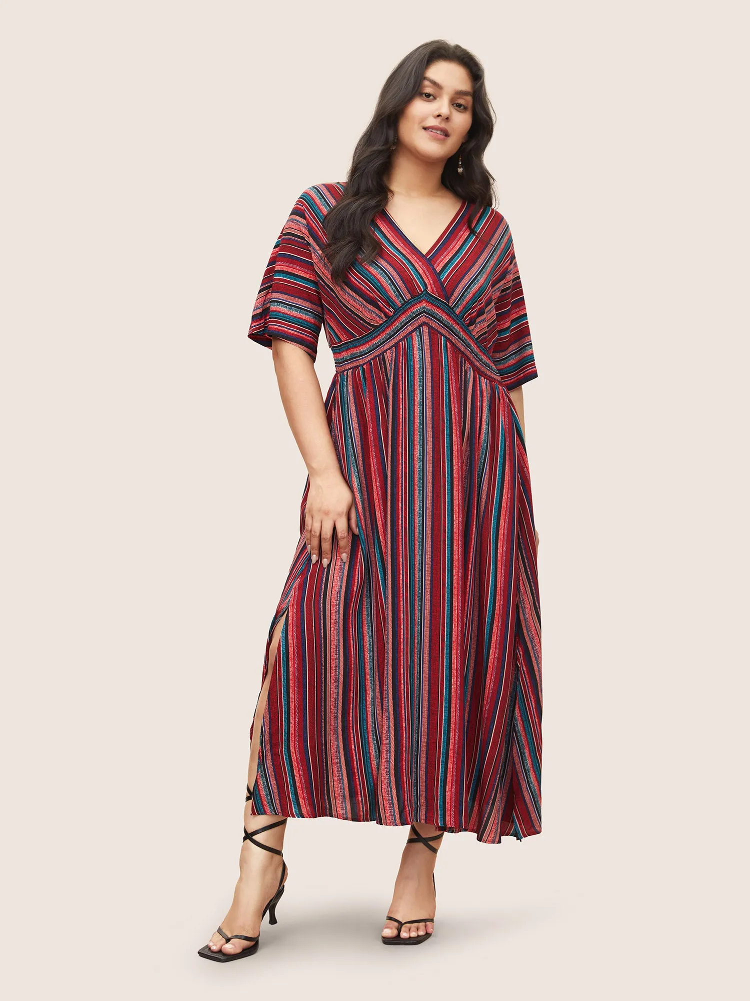 Striped Contrast Dolman Sleeve Shirred Pocket Split Flutter Dress sold by Bloomchic product image thumbnail 2