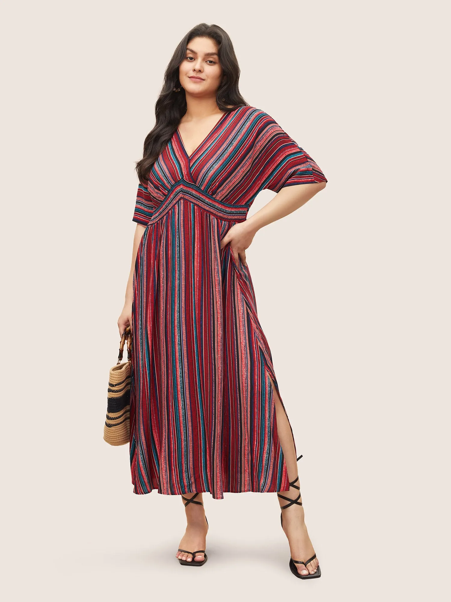 Striped Contrast Dolman Sleeve Shirred Pocket Split Flutter Dress sold by Bloomchic