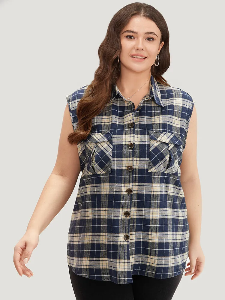 Plaid Flap Pocket Button Up Sleeveless Jacket sold by Bloomchic product image thumbnail 3