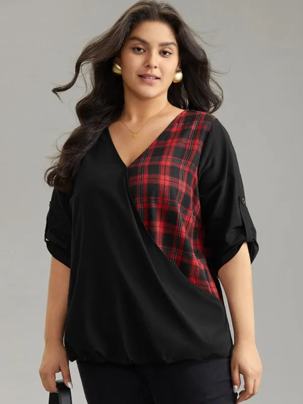 Plaid Patchwork Wrap Tab Sleeve Blouse sold by Bloomchic