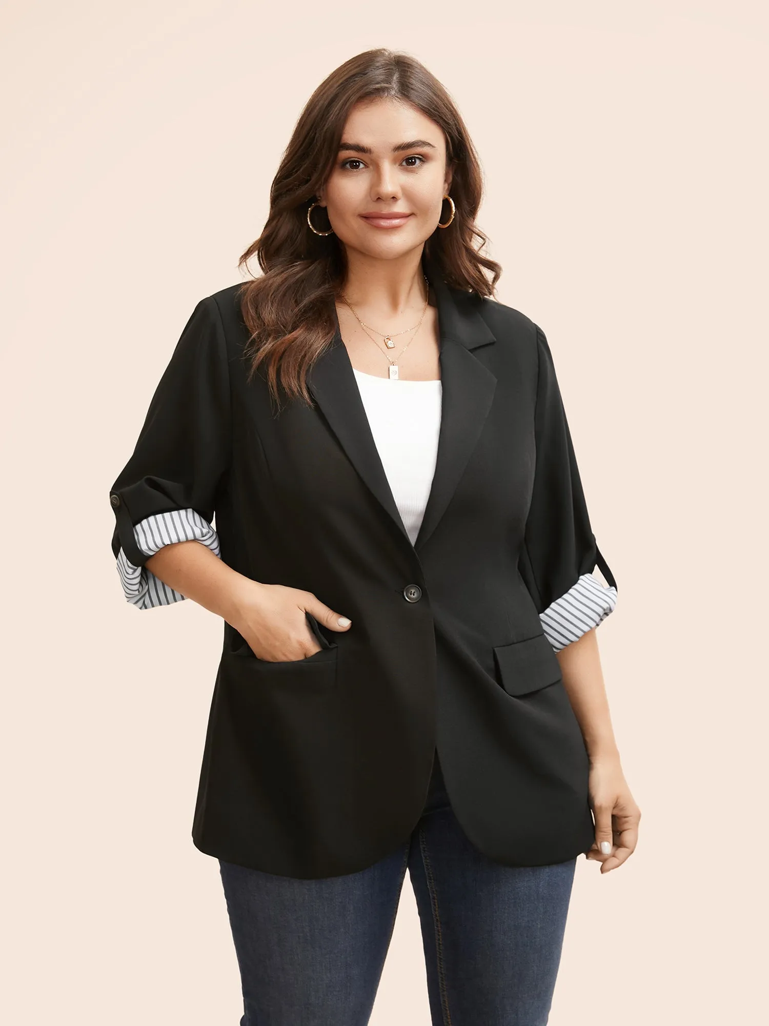 Suit Collar Striped Patchwork Tab Sleeve Blazer sold by Bloomchic product image thumbnail 2