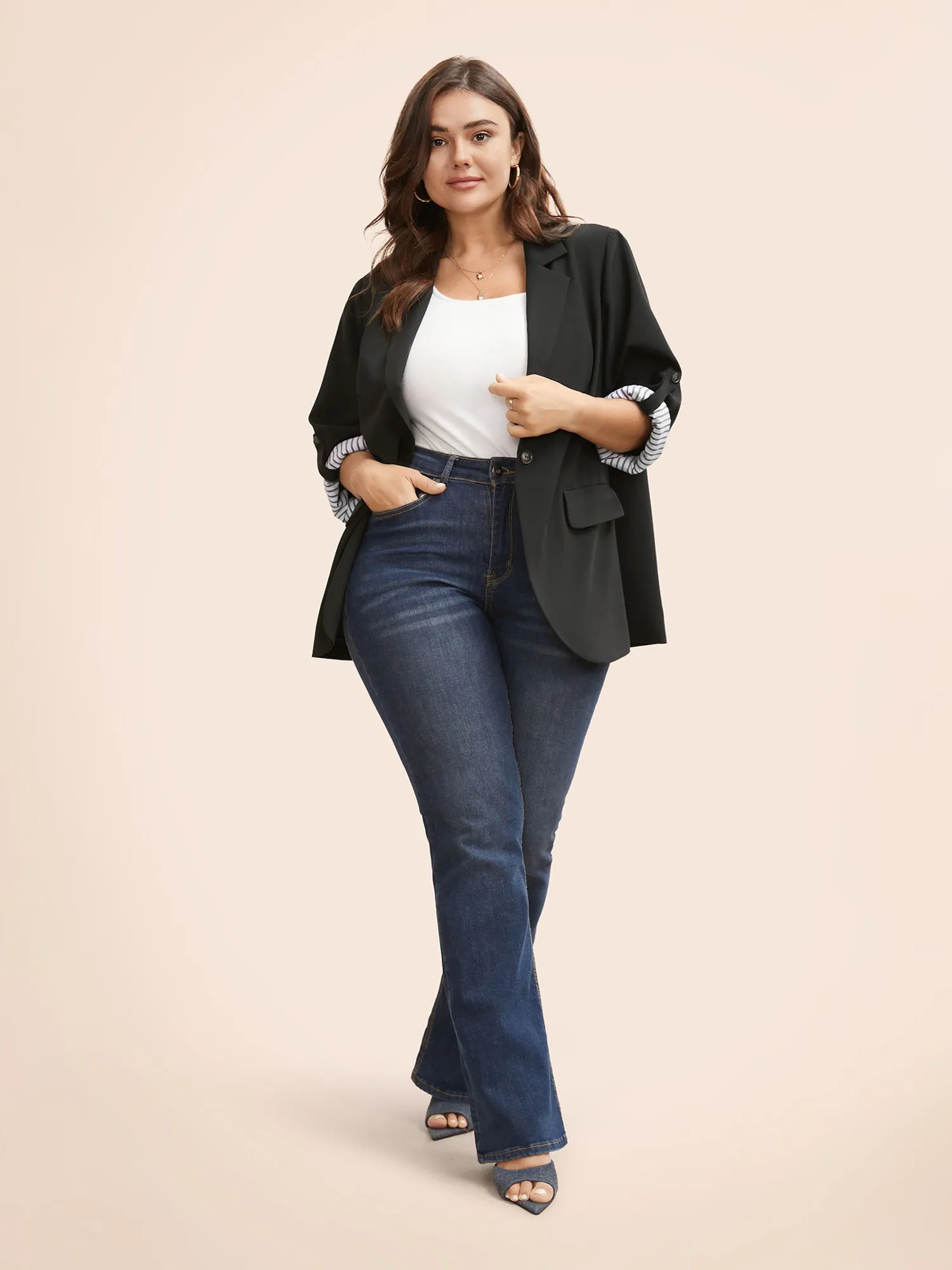 Suit Collar Striped Patchwork Tab Sleeve Blazer sold by Bloomchic product image thumbnail 3