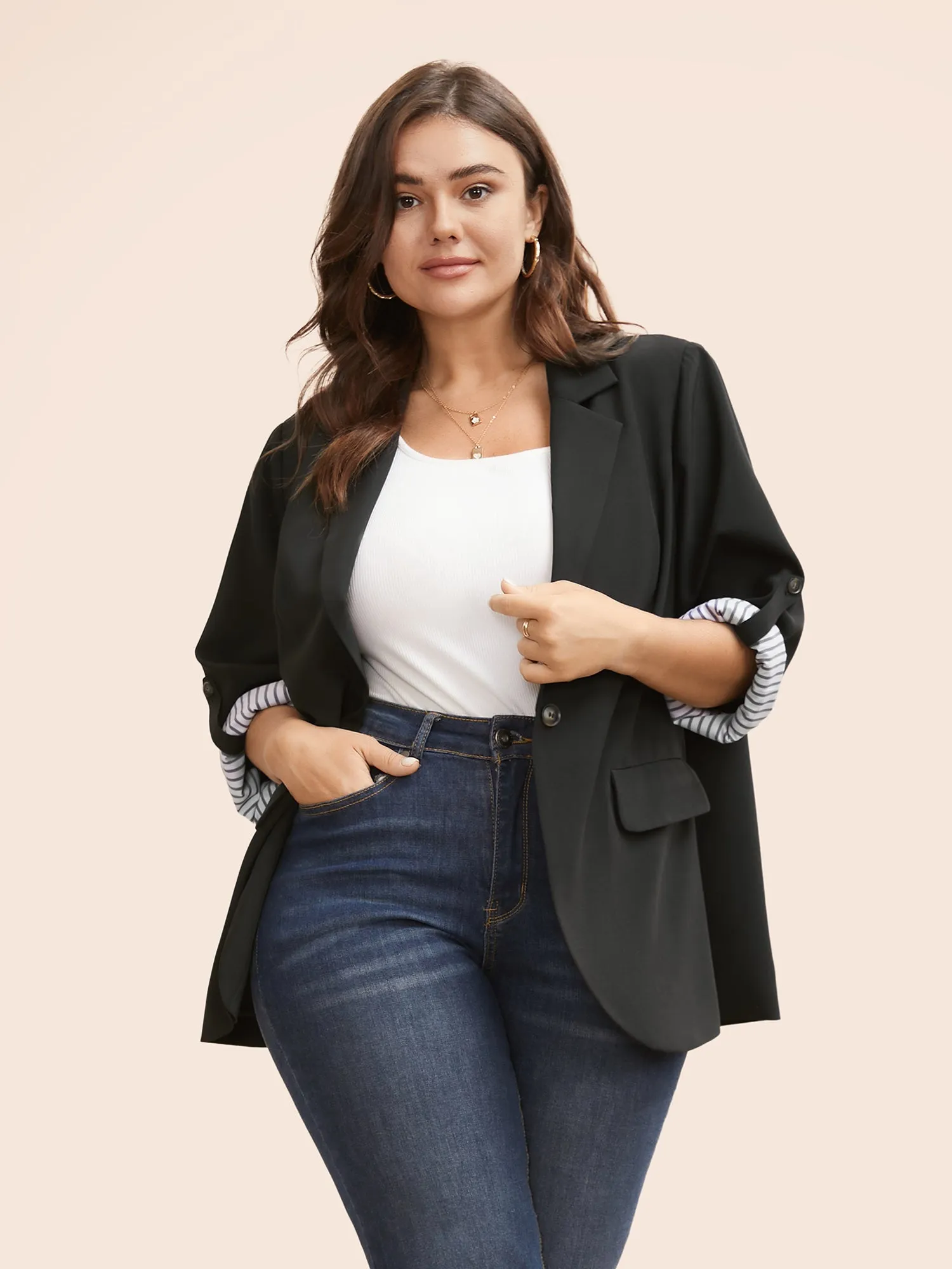 Suit Collar Striped Patchwork Tab Sleeve Blazer sold by Bloomchic product image thumbnail 4