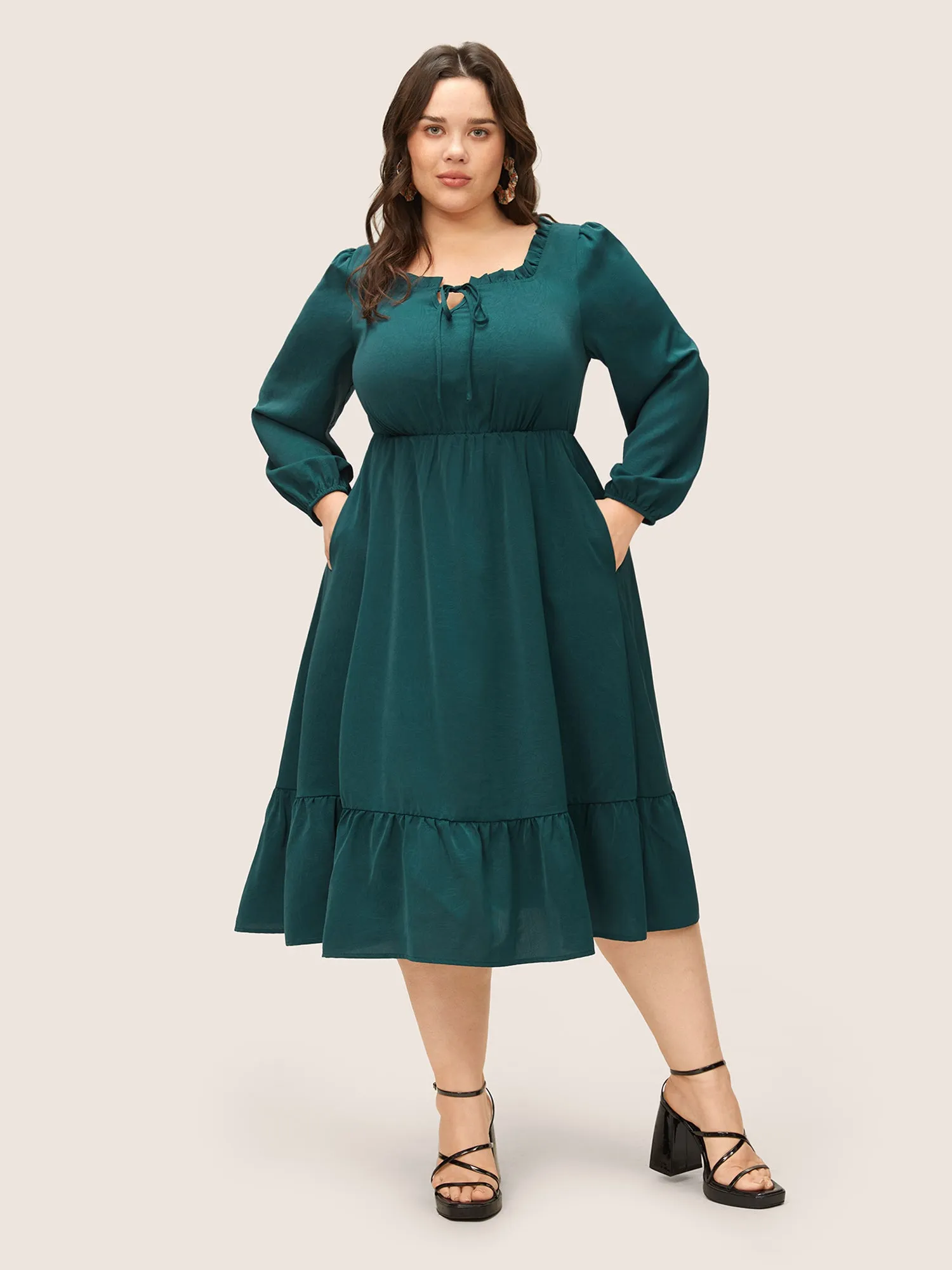 Solid Pleated Patchwork Frill Trim Tie Neck Dress sold by Bloomchic product image thumbnail 2