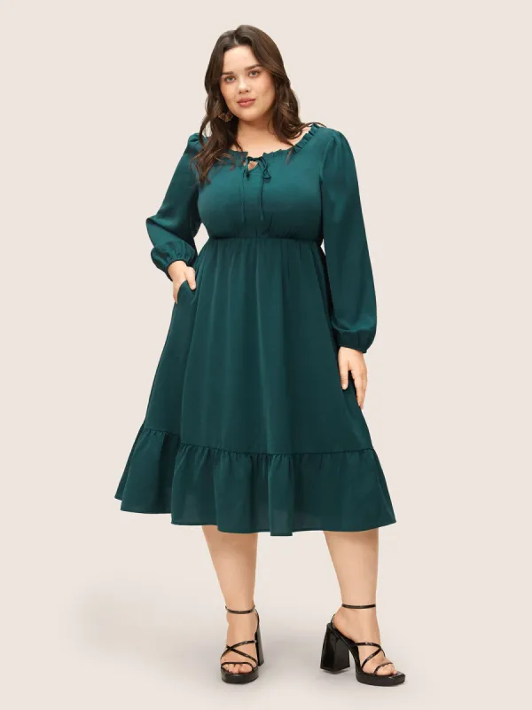 Solid Pleated Patchwork Frill Trim Tie Neck Dress sold by Bloomchic