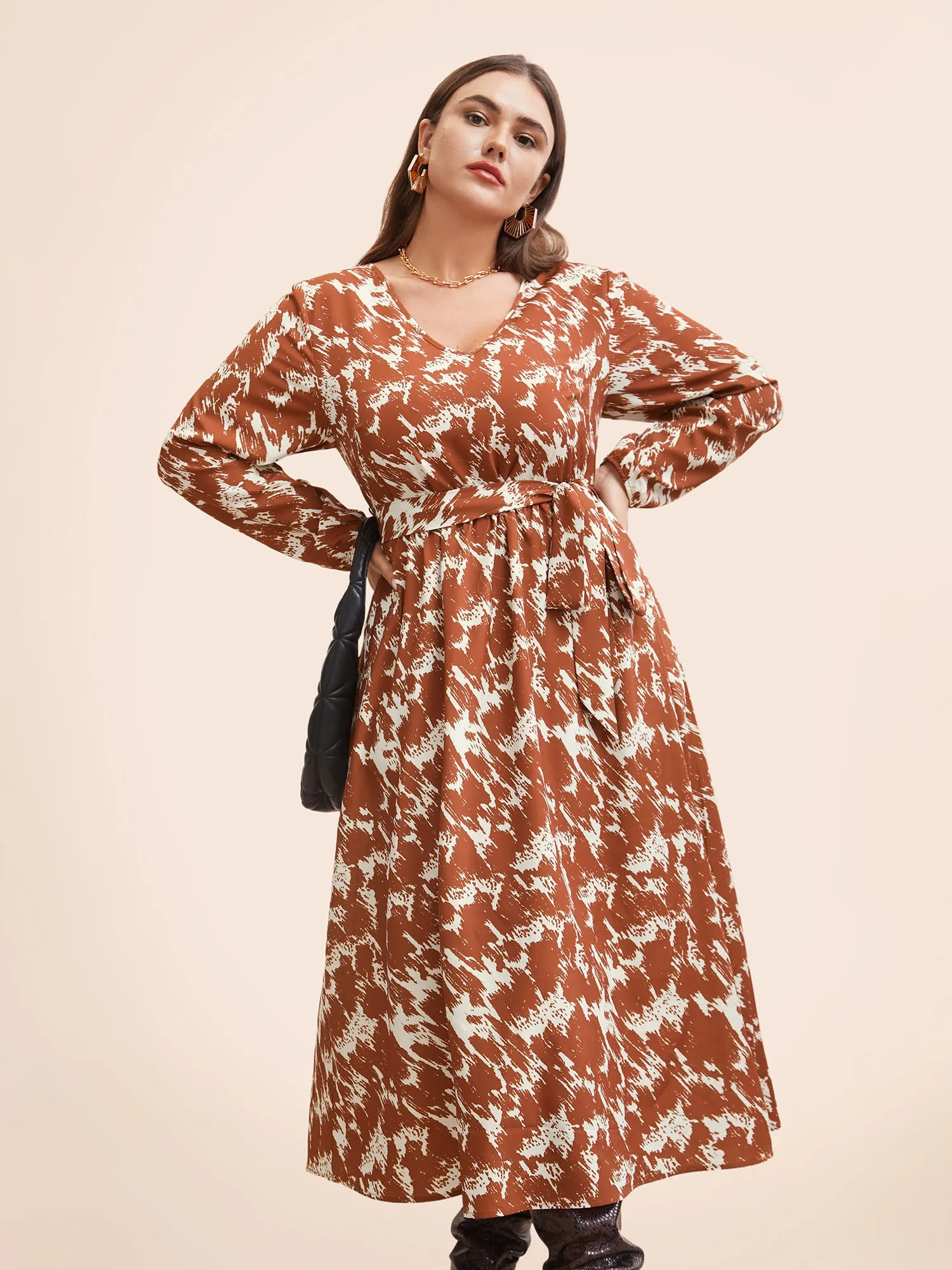 Brush Print Lantern Sleeve Belted Dress sold by Bloomchic product image thumbnail 3