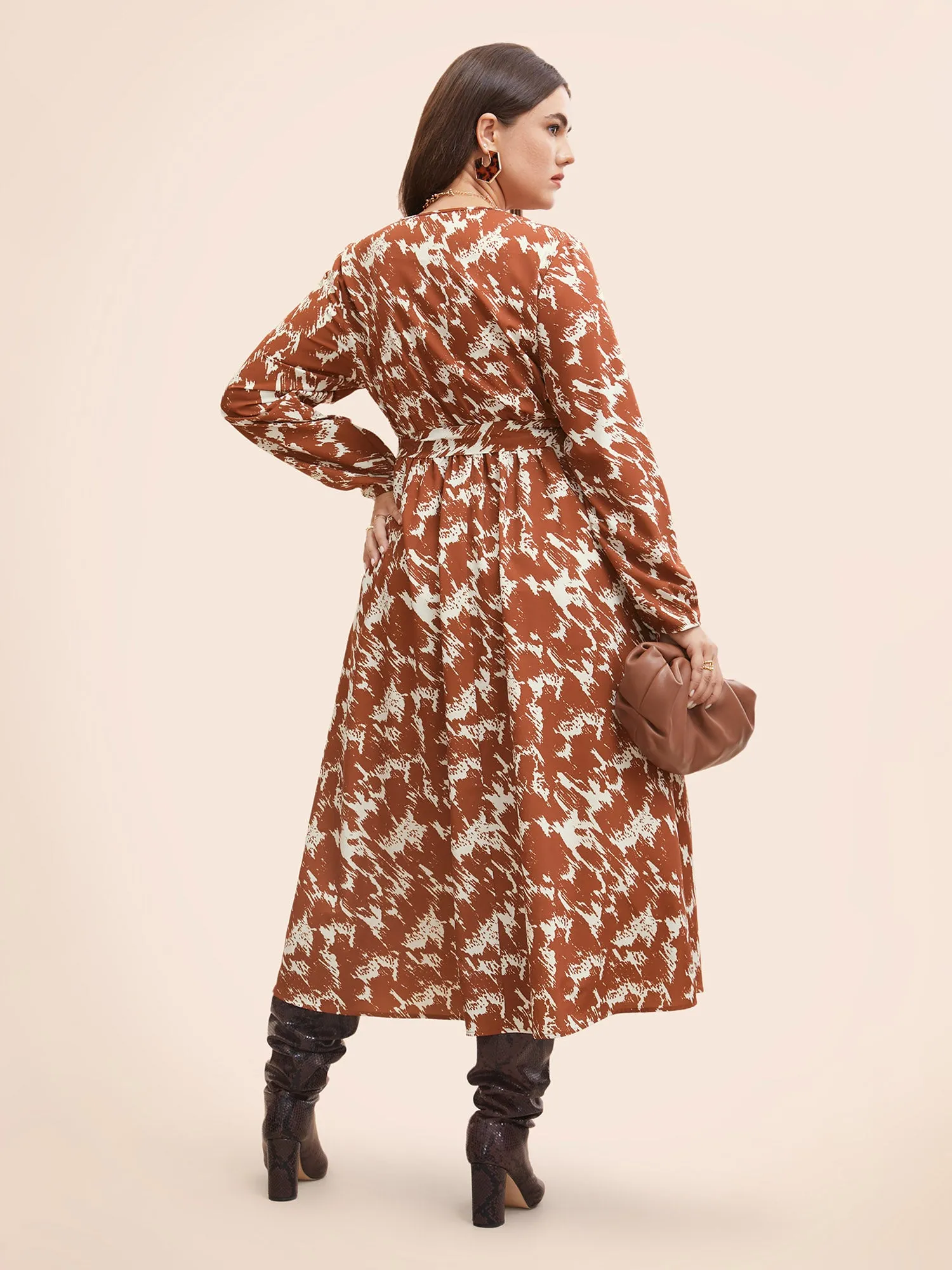 Brush Print Lantern Sleeve Belted Dress sold by Bloomchic product image thumbnail 4