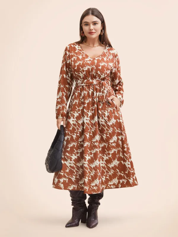 Brush Print Lantern Sleeve Belted Dress sold by Bloomchic