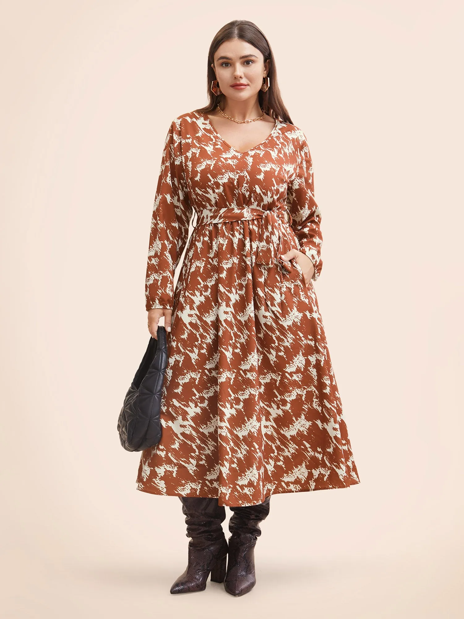 Brush Print Lantern Sleeve Belted Dress sold by Bloomchic