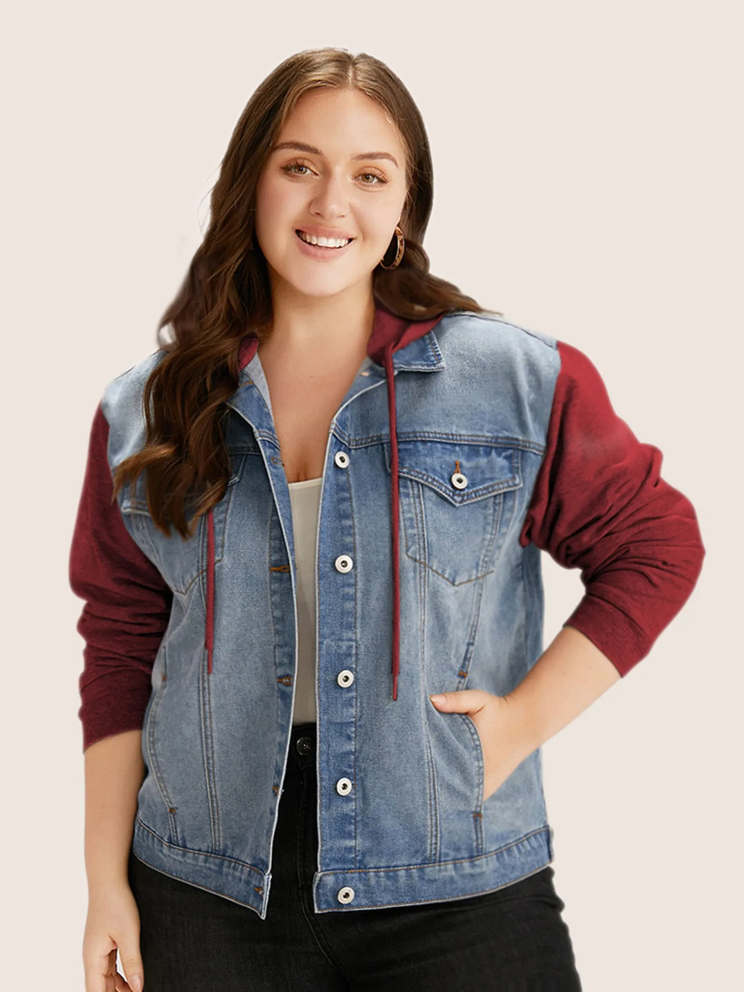 Hooded Patchwork Flap Pocket Denim Jacket sold by Bloomchic product image thumbnail 4