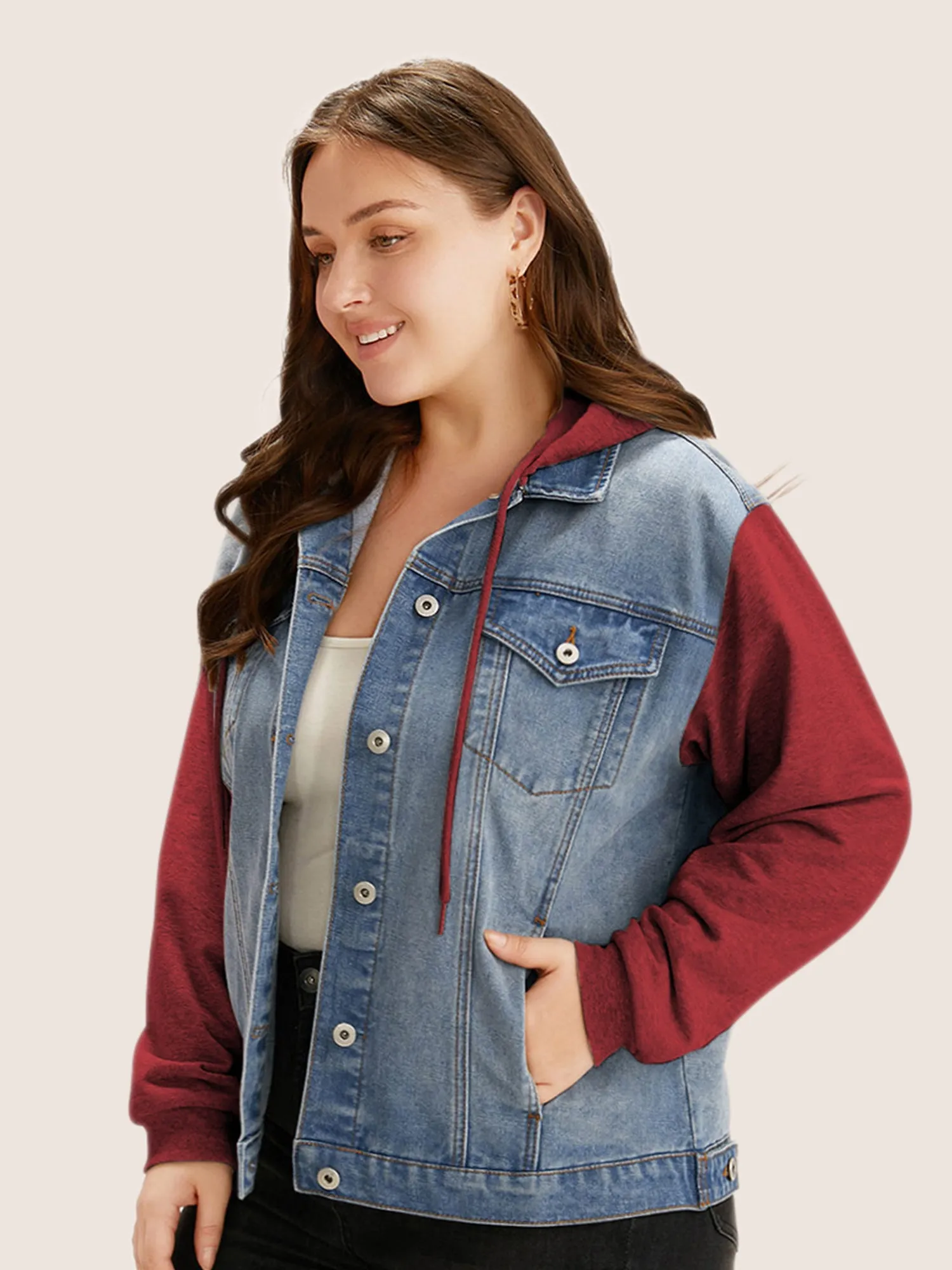 Hooded Patchwork Flap Pocket Denim Jacket sold by Bloomchic product image thumbnail 3