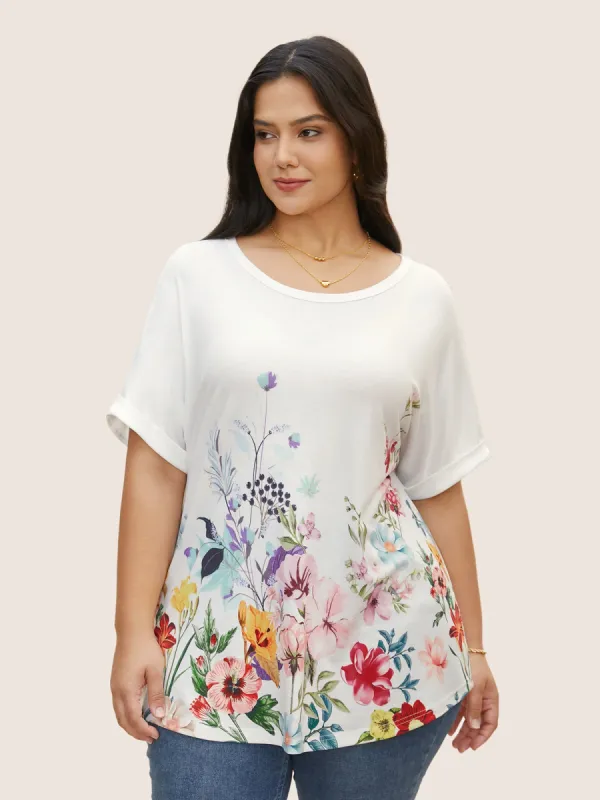 Round Neck Natural Flowers Cuffed Sleeve T-shirt sold by Bloomchic
