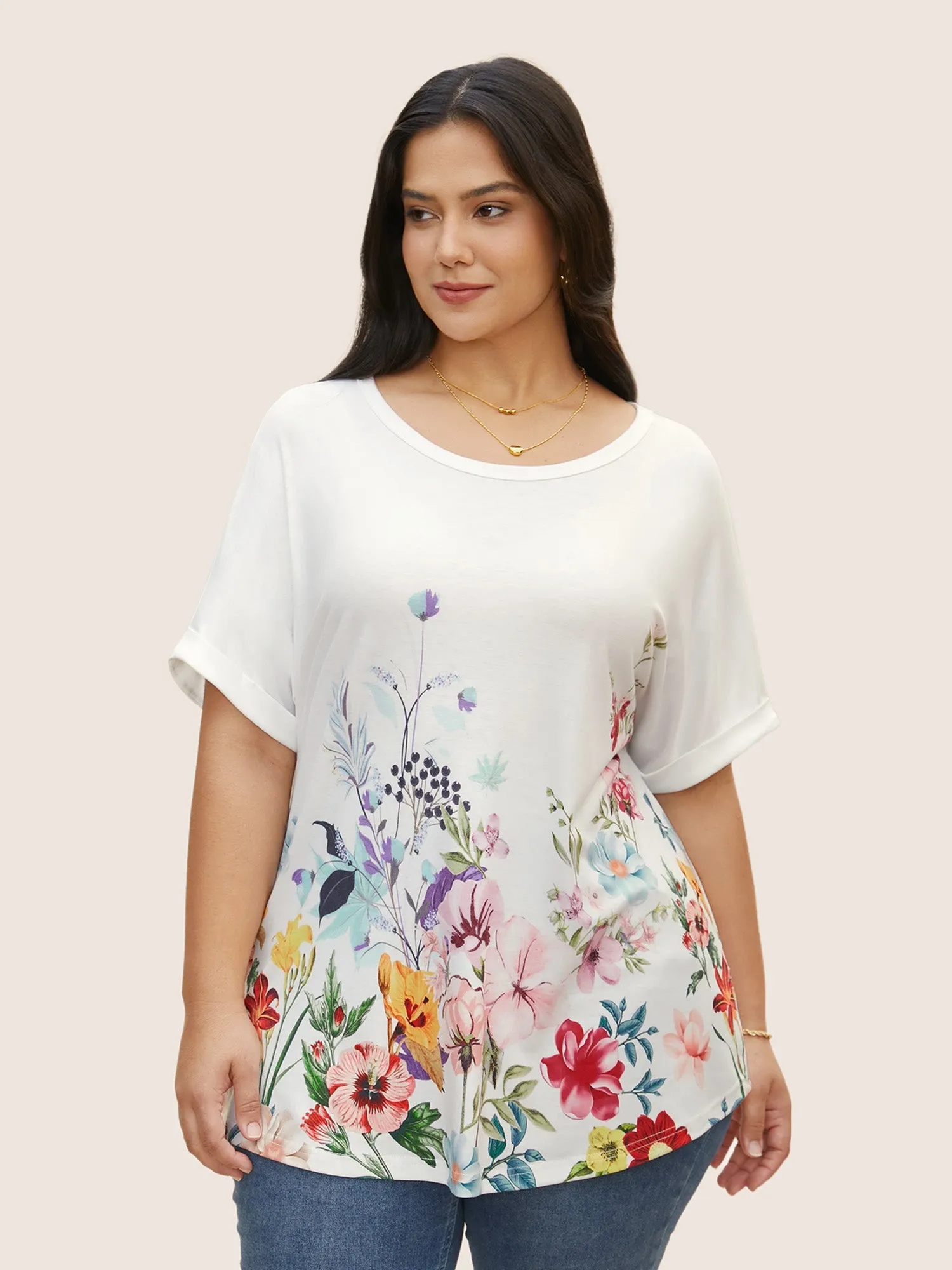 Round Neck Natural Flowers Cuffed Sleeve T-shirt sold by Bloomchic