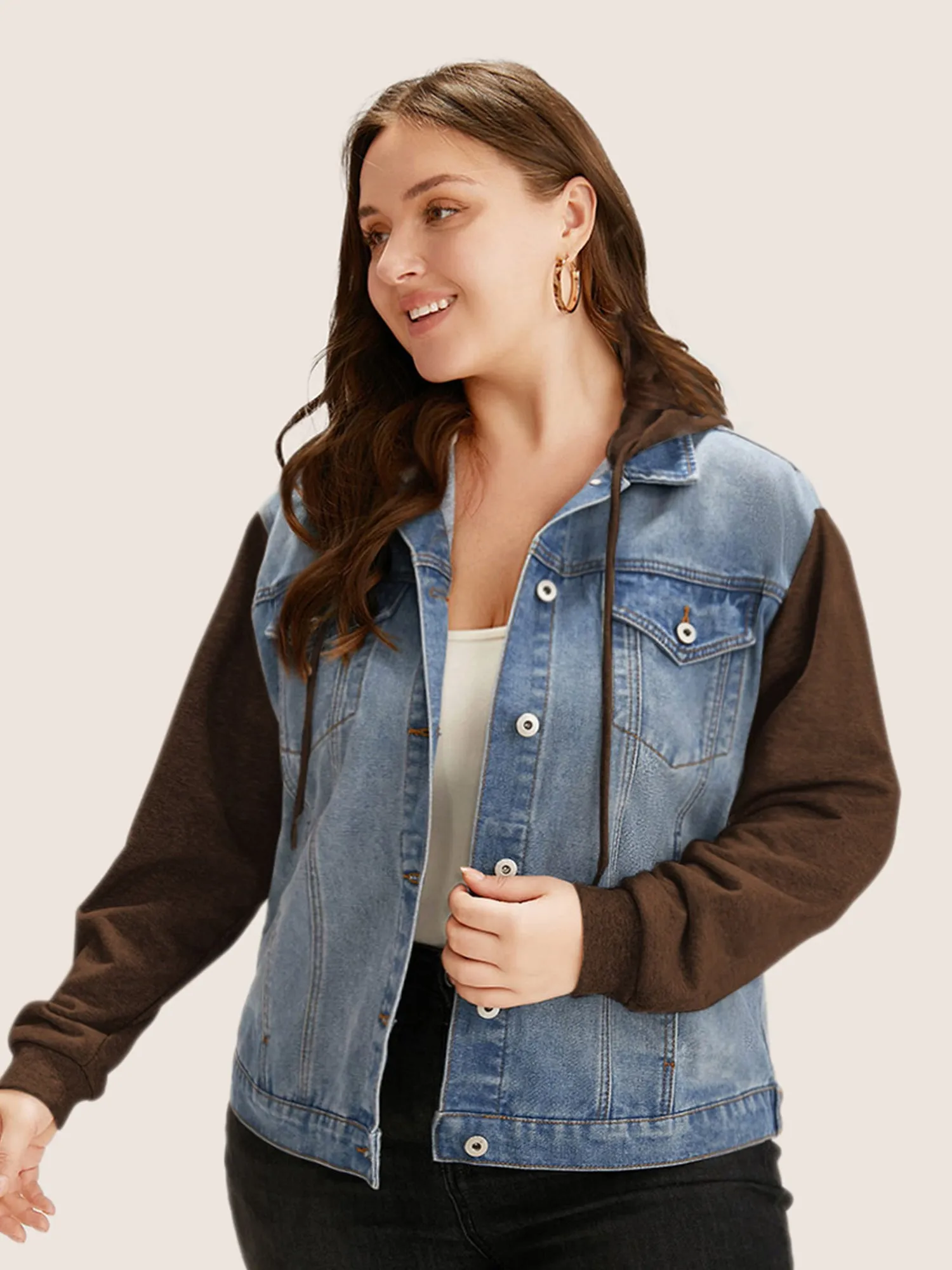 Hooded Patchwork Flap Pocket Denim Jacket sold by Bloomchic product image thumbnail 5