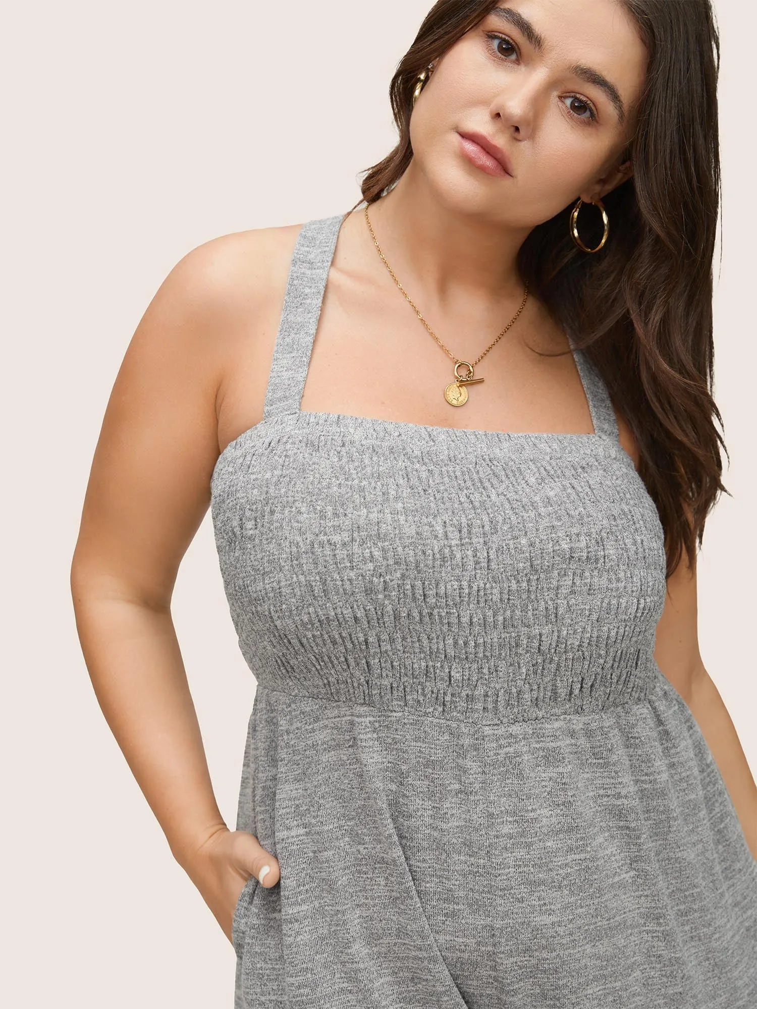 Plain Shirred Pocket Adjustable Straps Jumpsuit sold by Bloomchic product image thumbnail 3