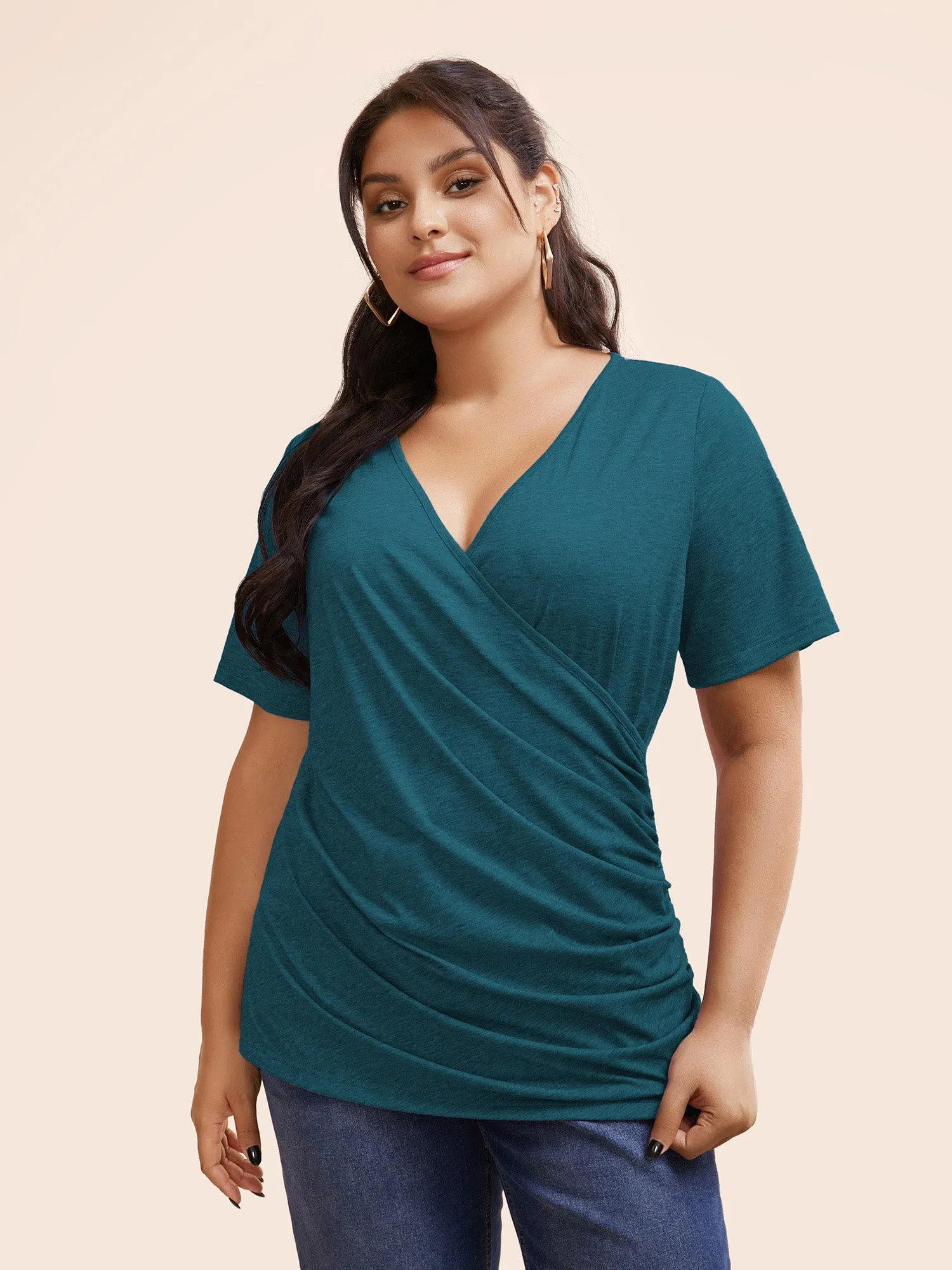 Solid Heather Overlap Collar Gathered T-shirt sold by Bloomchic product image thumbnail 5