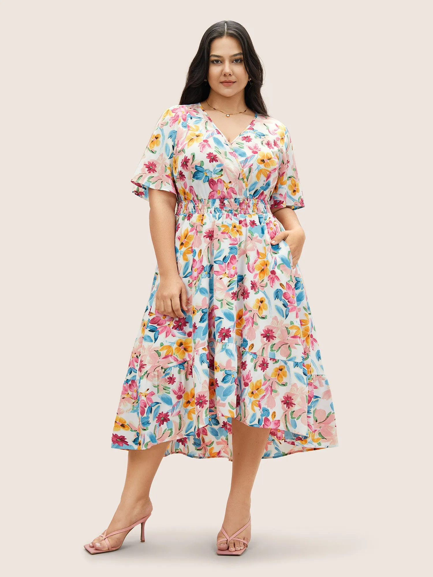 Floral Overlap Collar Shirred Ruffle Sleeve Dress sold by Bloomchic