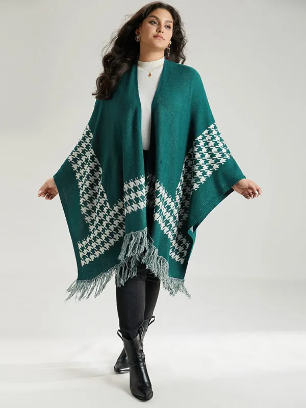 Houndstooth Fringe Trim Loose Cape sold by Bloomchic