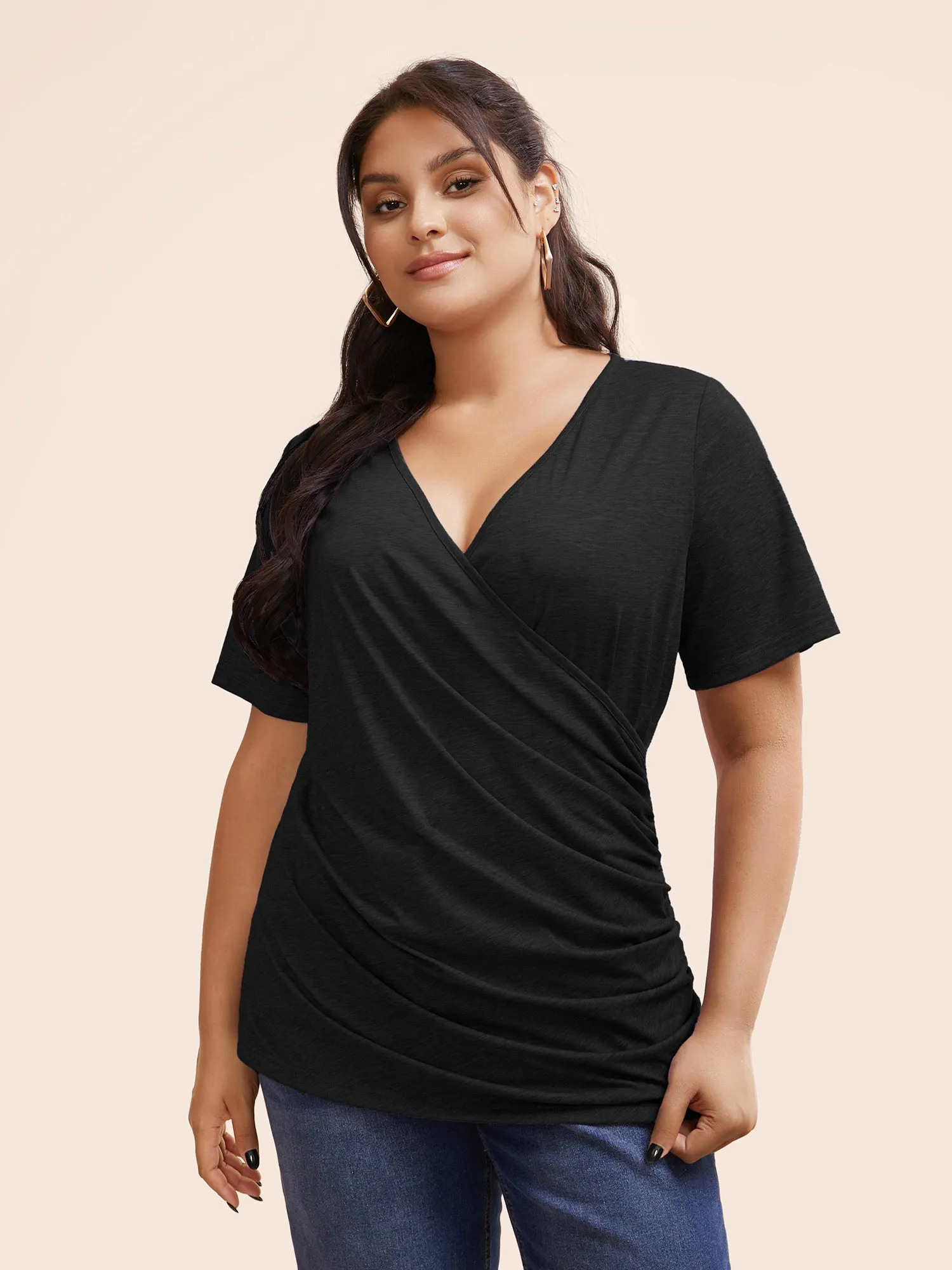 Solid Heather Overlap Collar Gathered T-shirt sold by Bloomchic